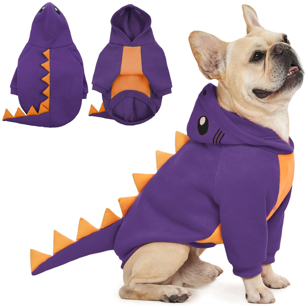 QBLEEV Dog Dinosaur Winter Coat, Warm Soft Knit Pullover Jacket with Hood for Cold Weather, Cozy Fleece-Lined Sweatshirt with 3D Dino Spikes, Stretchy Cute Pet Outerwear for Small Medium Large Dogs