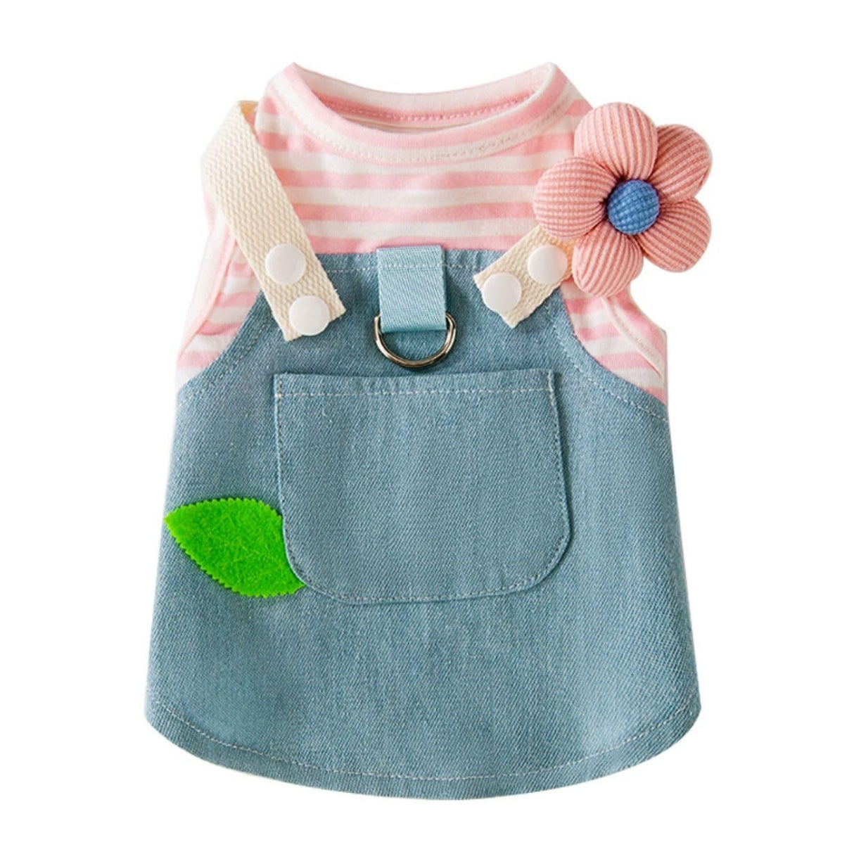 Denim Dog Dress with Pink Striped Print, Floral Shoulder, and Leaf Pocket Accent Pet Clothes, Small Dog Outfit for Chihuahua, Yorkie, Puppy Dress for Birthday, Party, and Everyday Wear(Pink,S)