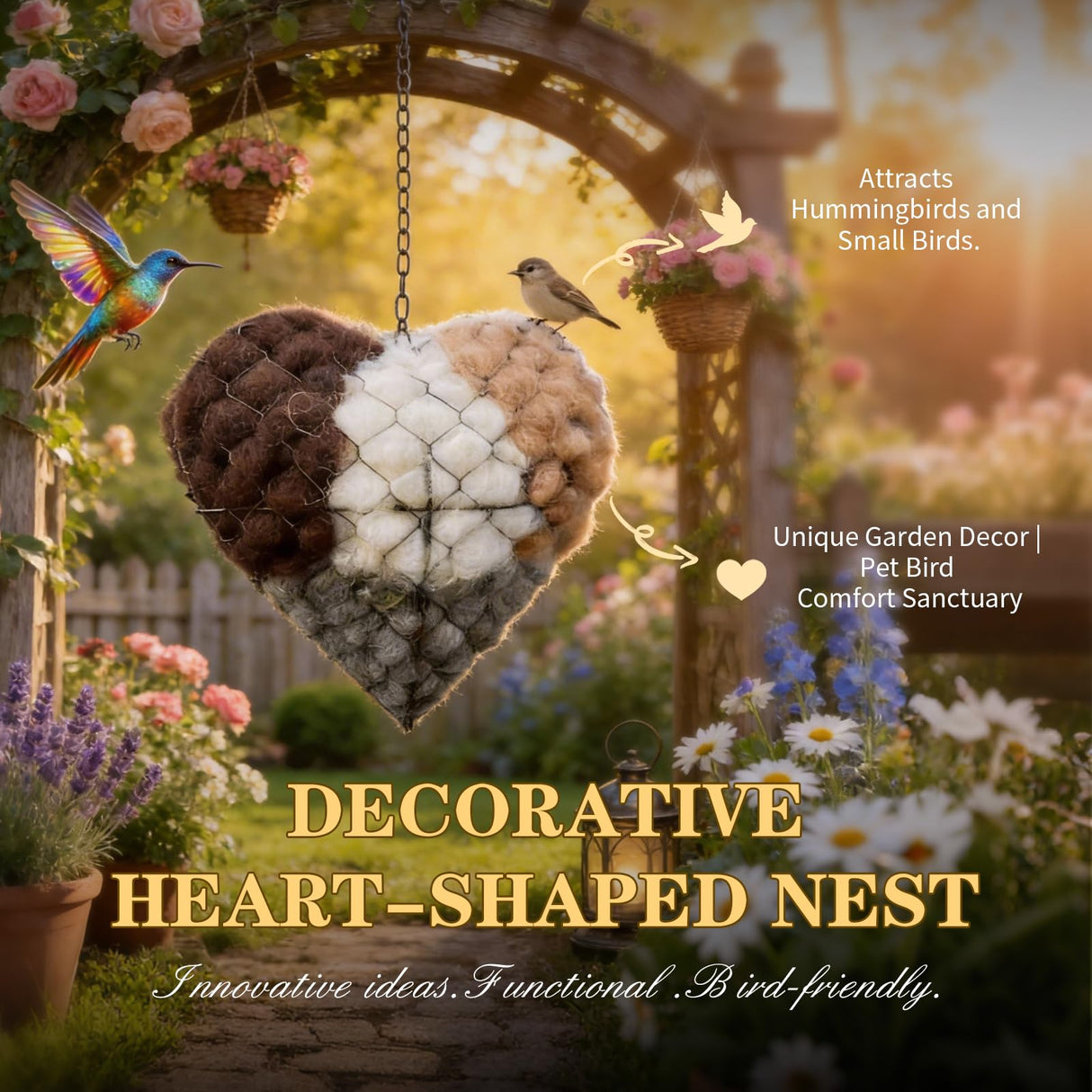 IENG Alpaca Fiber Bird Nesting Heart House Handmade Material Wild Birds Fur for Balls Wool Natural Box Nest Lovers Gift Holder Birdhouse Nido De Pajaros Cage Outdoor Yard Art Winter Shelter