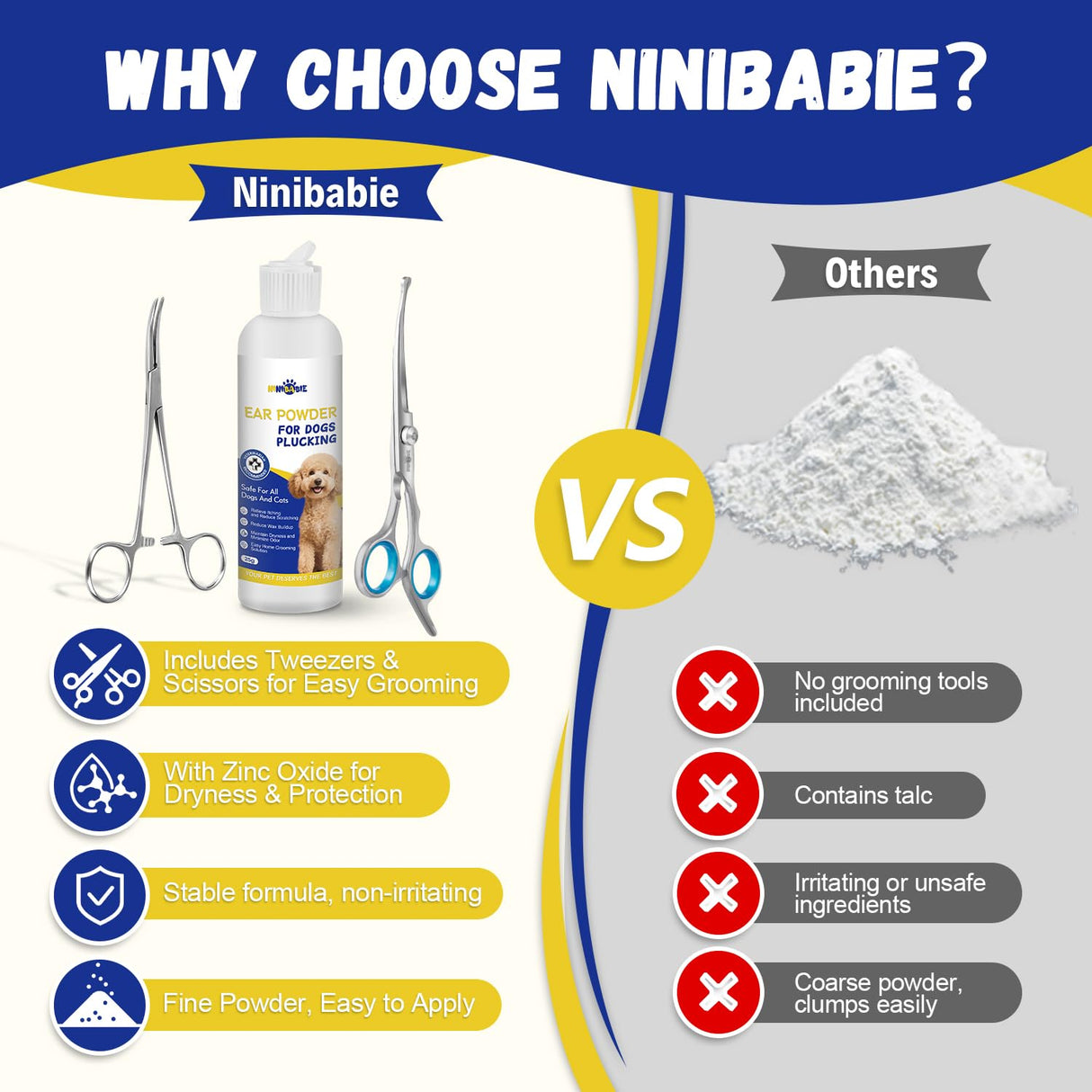 Ninibabie Dog Ear Hair Removal Kit - Ear Powder,Blunt Tip Grooming Scissors&Tweezers Set - Safe Hair Plucking Tool for Dogs,Ear Cleaner for Itching,Infection Treatment for Poodles, Doodles