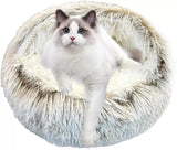 Cat Bed Round Fluffy Hooded Cat Bed Cave, Anti-Anxiety Cave Bed with Hooded Blanket, Cozy Cuddler Luxury Puppy Pet Bed, Anti-Slip Bottom and Machine Washable (Khaki, Medium)