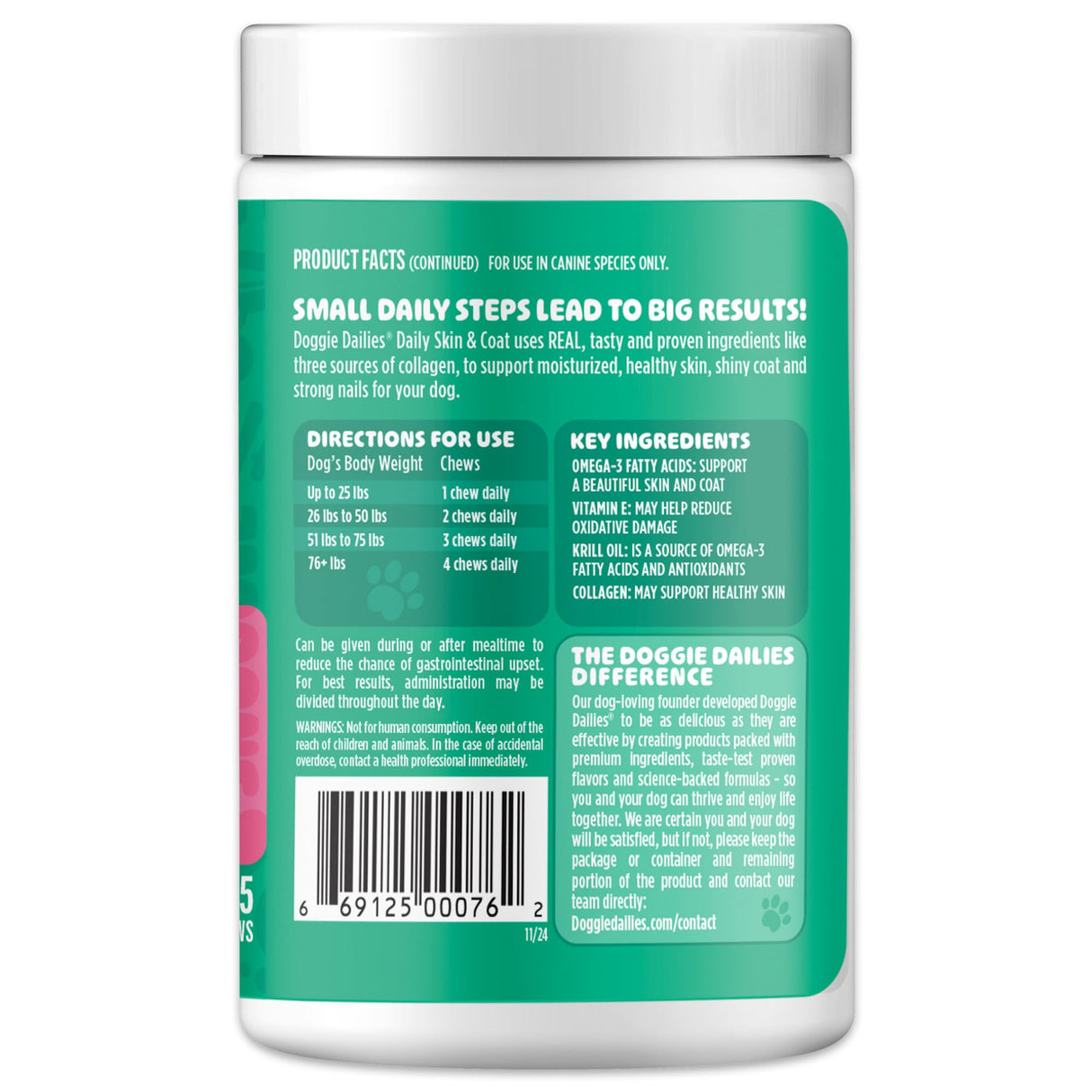 Doggie Dailies Skin & Coat Supplement Support, Salmon Oil for Dogs Skin and Coat with Collagen, Omega 3, Krill Oil, Biotin, & Coconut Oil for Dogs (Salmon) 225 Soft Chews