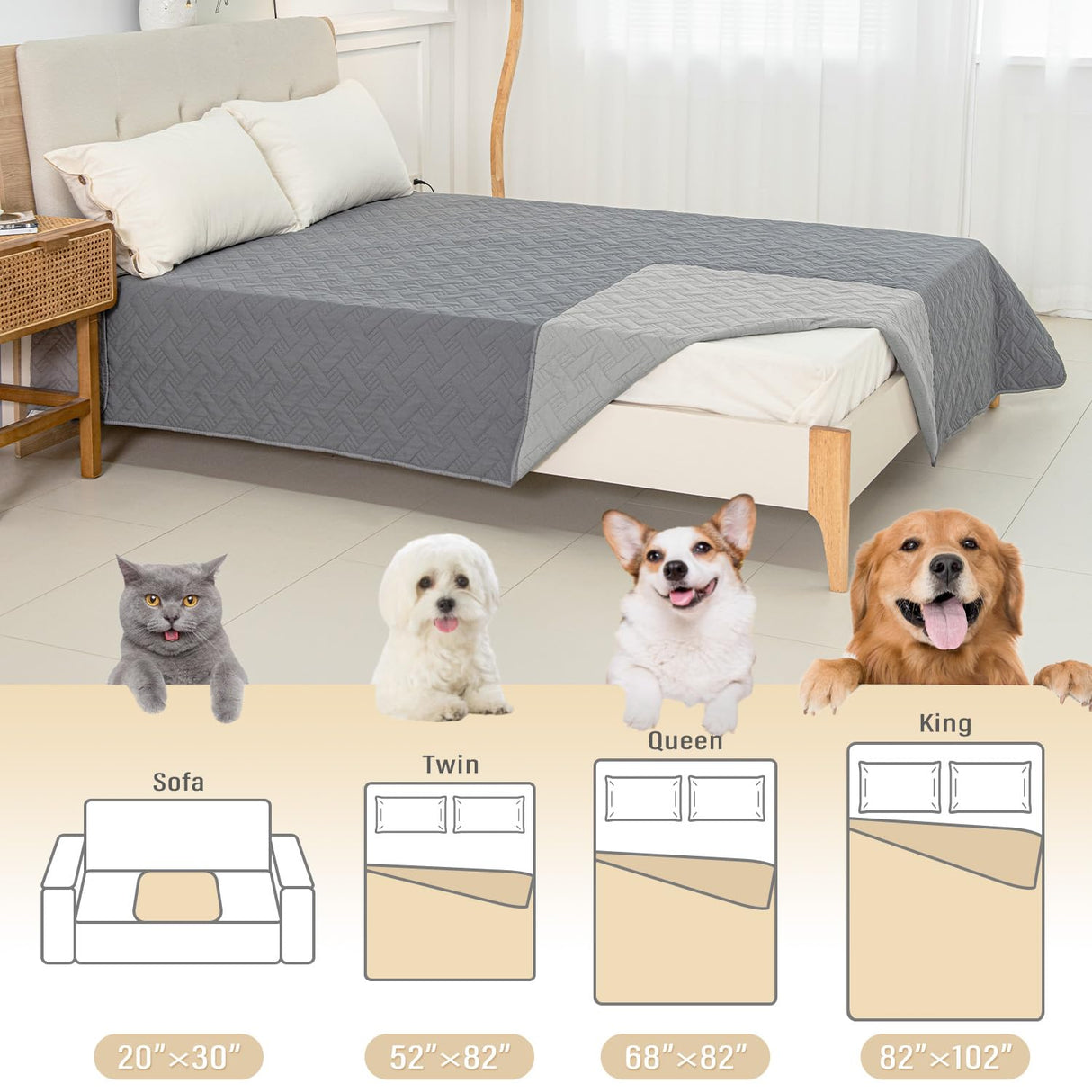 BOCTOPUG Dog Bed Cover for Pets Blankets Rug Pads for Couch Protection Waterproof Bed Covers Dog Blanket Furniture Protector Reusable Changing Pad (Dark Grey+Light Grey, 52"x82")