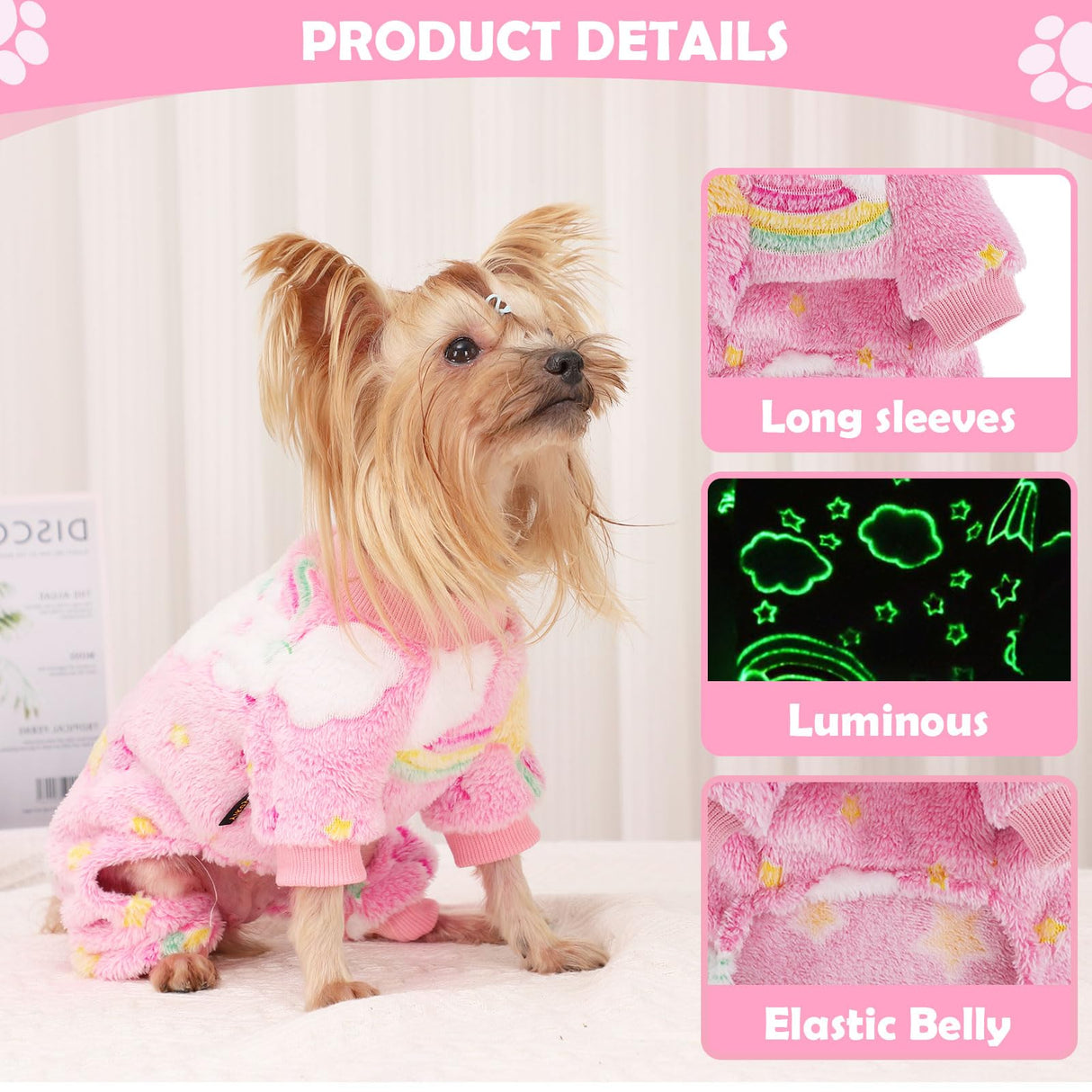 Dog Sweaters Small Girl Warm Fleece Pajamas, Cute Extra Small Dog Clothes, 4 Legs Puppy Jumpsuit Pjs Soft Stretchy Doggie Onesies Pet Outfit Apparel for Chihuahua Yorkie, Rainbow Pink, XXS