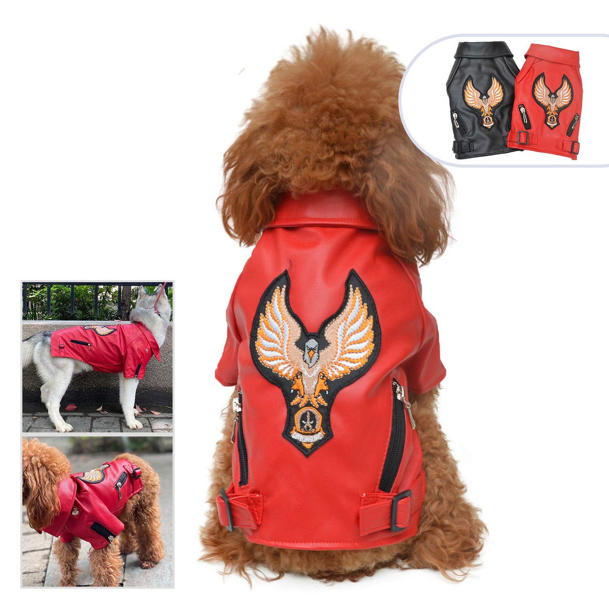 Lovelonglong Cool Dog Leather Jacket, Warm Coats Dogs Windproof Cold Weather Coats for Large Medium Small Dogs with Eagle Embroidery Red XL