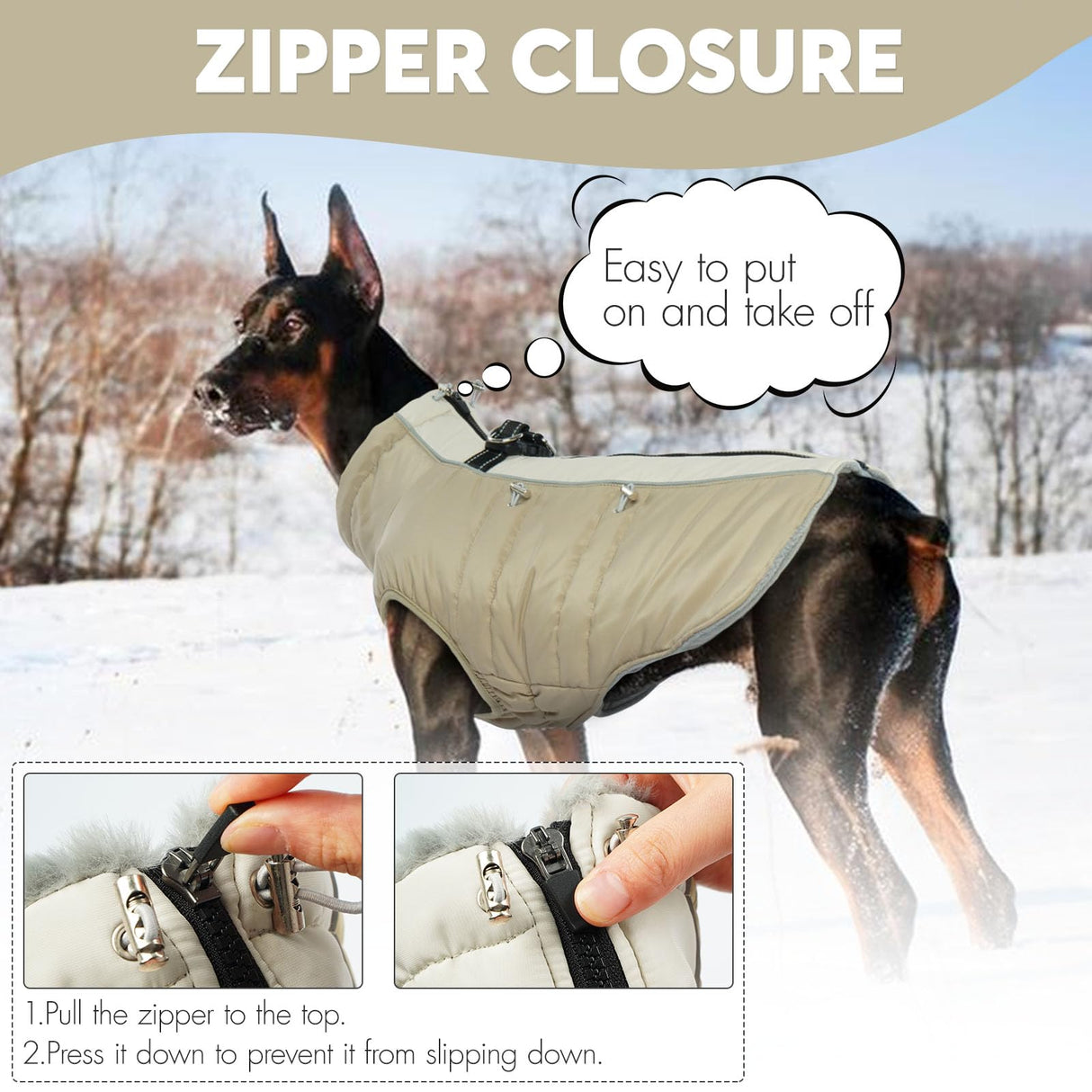 IDOMIK Warm Dog Coat with Harness, Waterproof Reflective Dog Jackets for Small Medium Large Dogs, Fleece High Collar Winter Jacket with Zipper, Pet Winter Snowsuit Clothes for Cold Weather,Khaki XL
