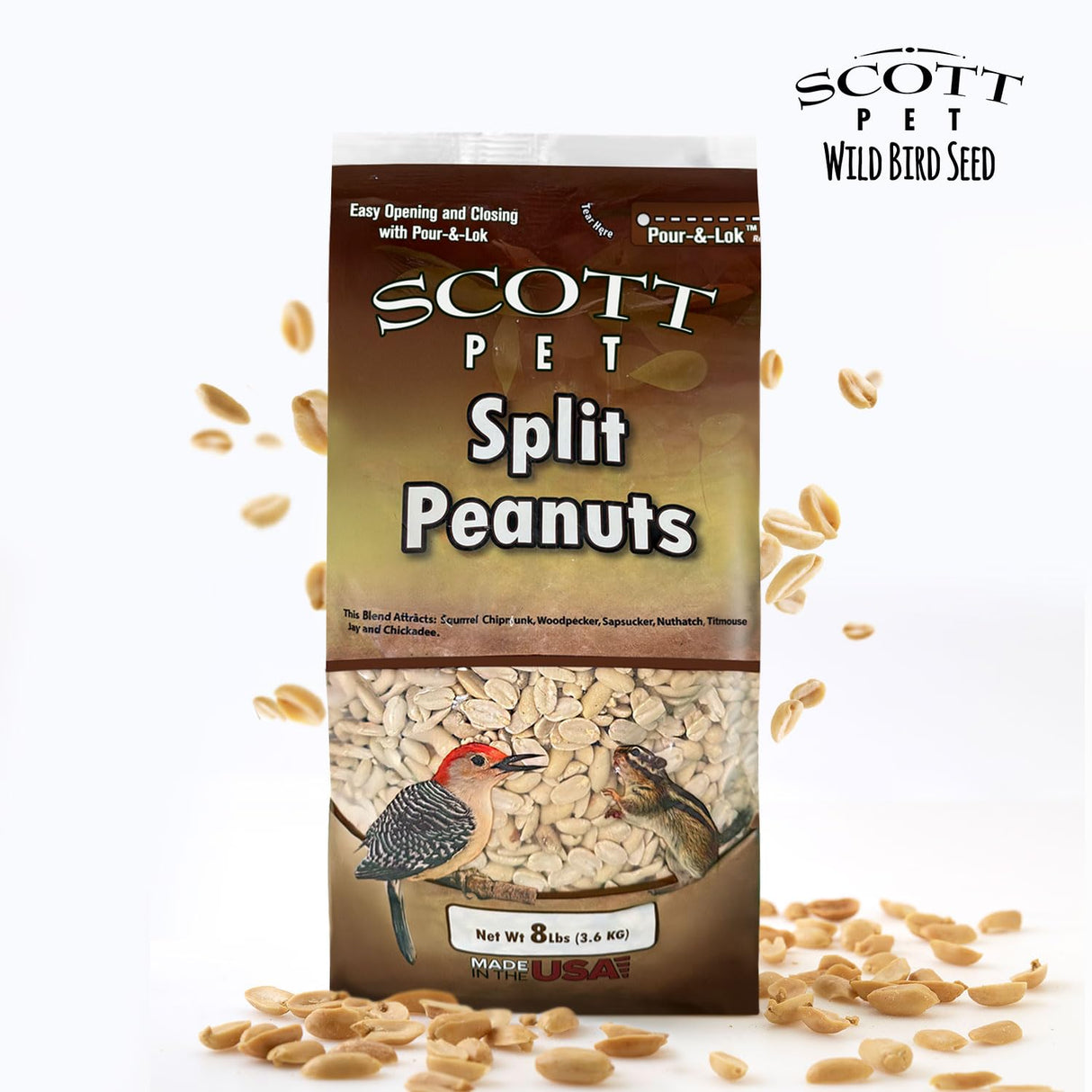 Scott Pet Wild Bird Seed, Peanuts Split (No Shell), 8 lbs Bag, Great Source of Protein and Fiber, Peanuts for Outside Wild Birds