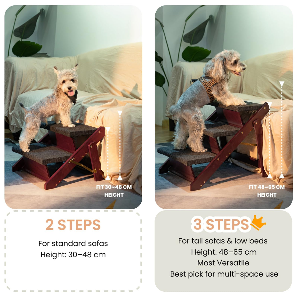 MEWANG Wooden Pet Stairs/Pet Steps - 3-in-1 Foldable Stairs & Ramp for Beds and Cars - Portable Dog/Cat Ladder Up to 220 Pounds - Great for Small and Older Animals(Brown) (24.8" L x 17.2" W x 19.5" H)