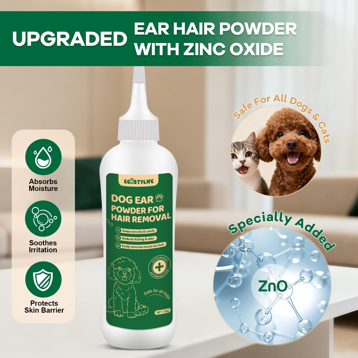 EcoStylife Dog Ear Hair Removal Kit – Upgraded Ear Powder, Round Tip Grooming Scissors & Hemostats for Gentle Hair Plucking, Prevention for Poodles, Schnauzers