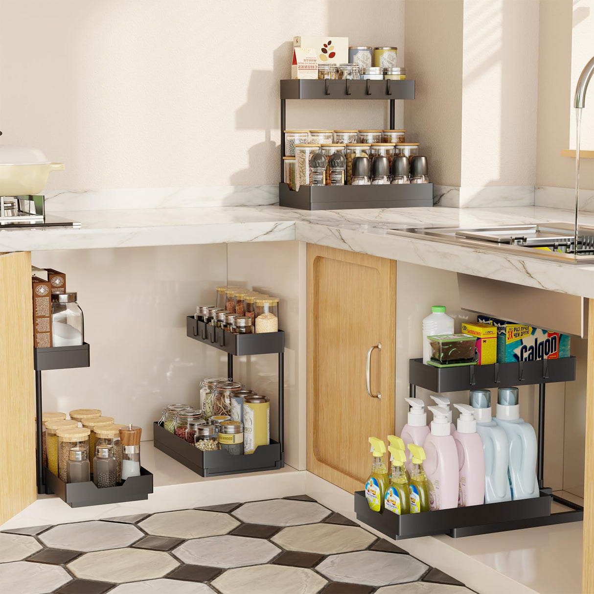 Under Sink Organizer 2 Pack, 2 Tier Cabinet Organizer with Sliding Basket, Multi-Purpose Sink Storage Basket with 4 Hooks for Kitchen Bathroom, Black