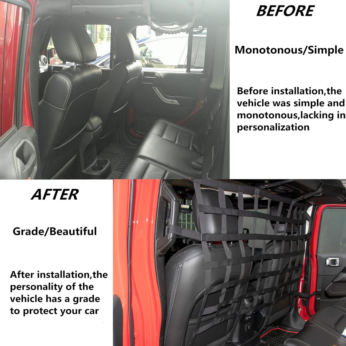 Car Rear Seat Isolation Barrier Net Back Pet Dog Seat Divider for Wrangler JK JL Unlimited 2007-2025 Gladiator JT Truck 2 Door 4 Door for Pet Children Safe Drive (Black)