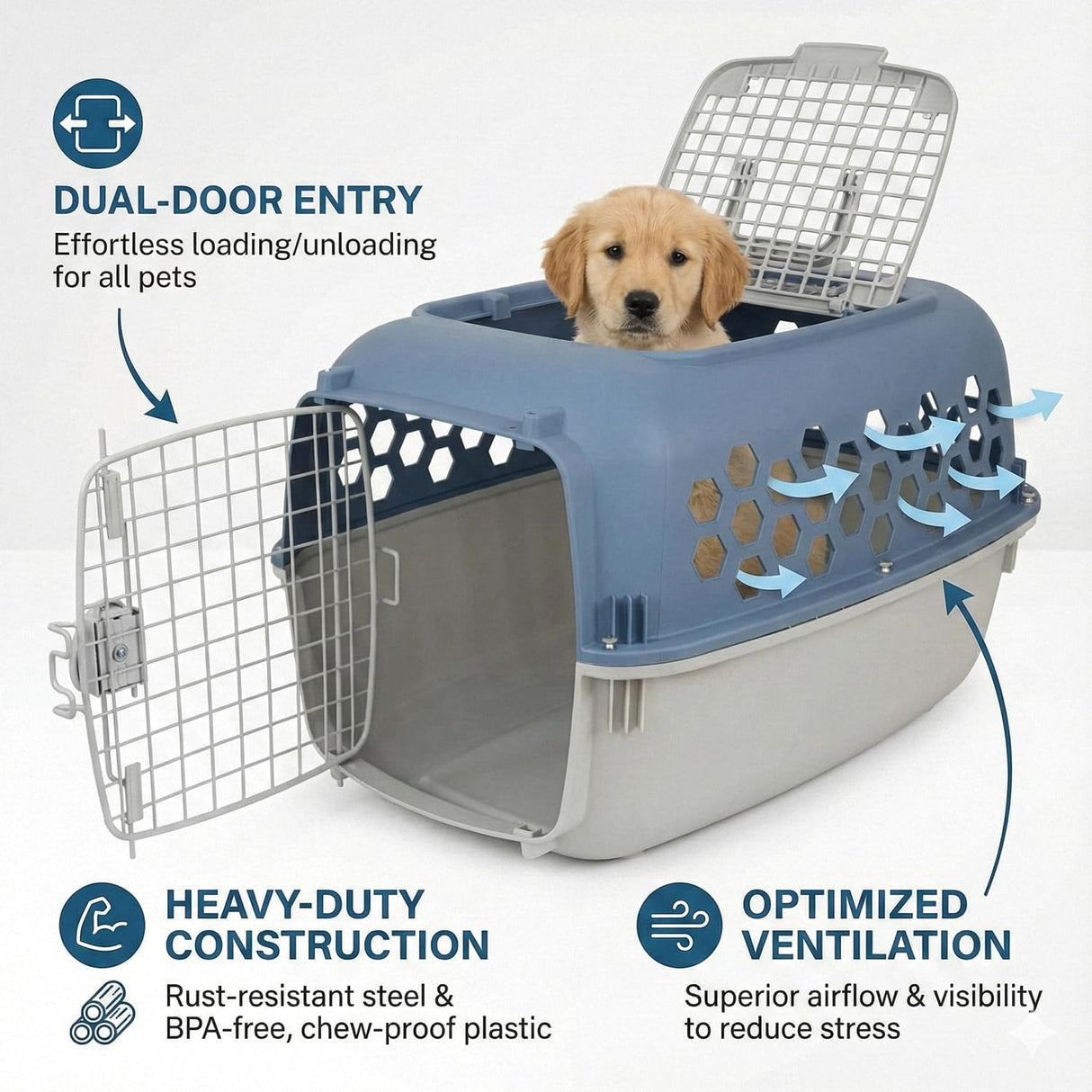 Portable Double Door Plastic Pet Carrier for Dogs & Cats - 24" Durable Ventilated Kennel with Top Loading, Airline Approved, Foldable Design for Travel & Vet Visits