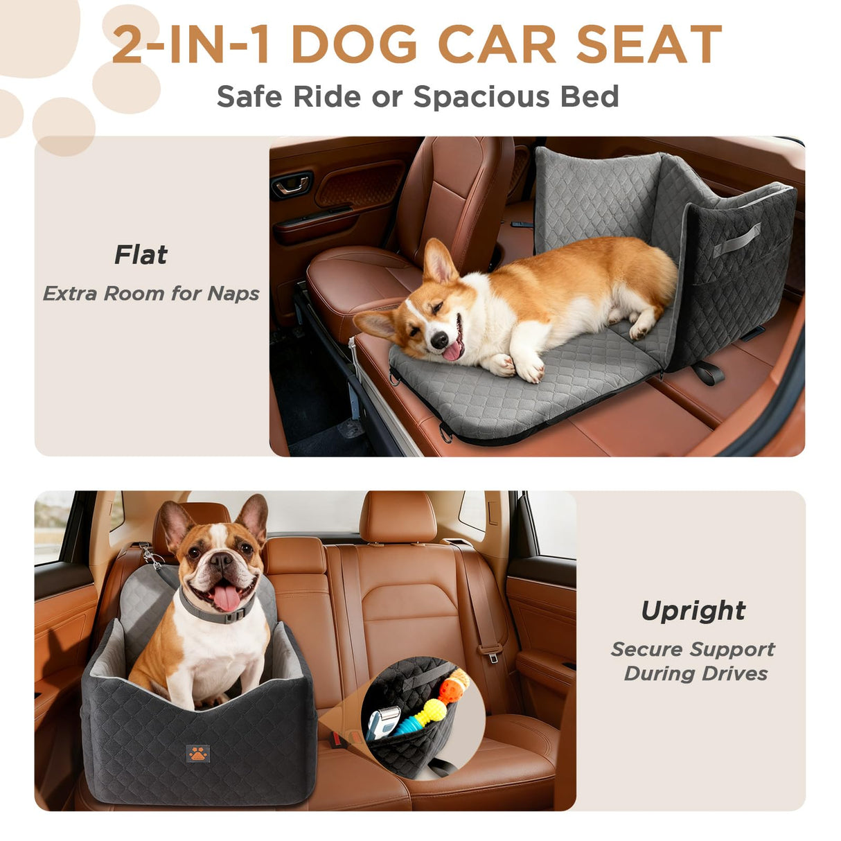 Dog Car Seats for Small/Medium Dogs, Puppy Car Seat with Thick Cushion, Detachable Washable Dog Carseat with Storage Pockets for Dogs Up to 35lbs (Grey)