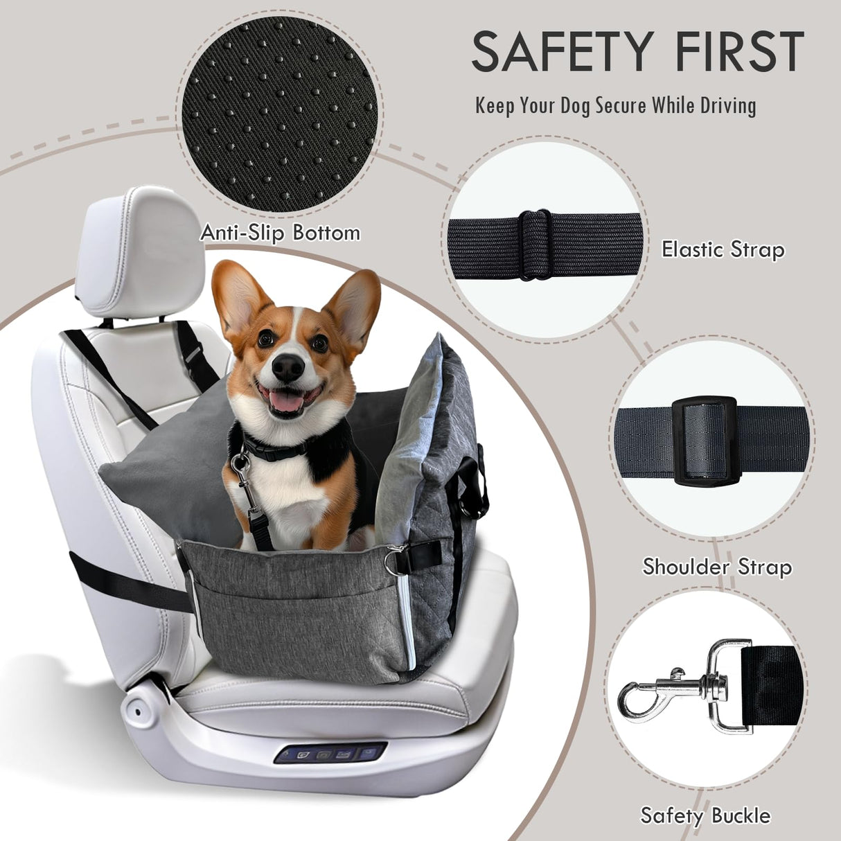 LELEFIDO Dog Car Seat for Small/Medium Dogs Under 40 lbs - Elevated Pet Seat with Safety Belt, Non-Slip Base, and Storage Pockets for Car Travel (Gray, 30 x 20.5 inch)