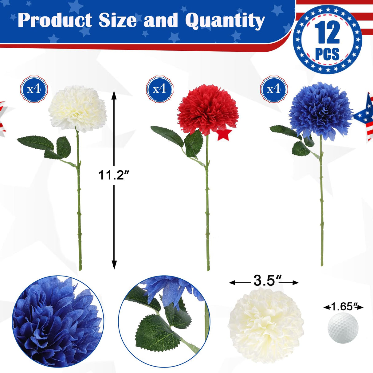 12 Pcs Artificial Chrysanthemums Flowers Patriotic Flower, 4th of July Fake Mums Flowers Silk for Home Decor Indoor Memorial Day Table Centerpiece Vase not Included (12, Red, White, Blue)