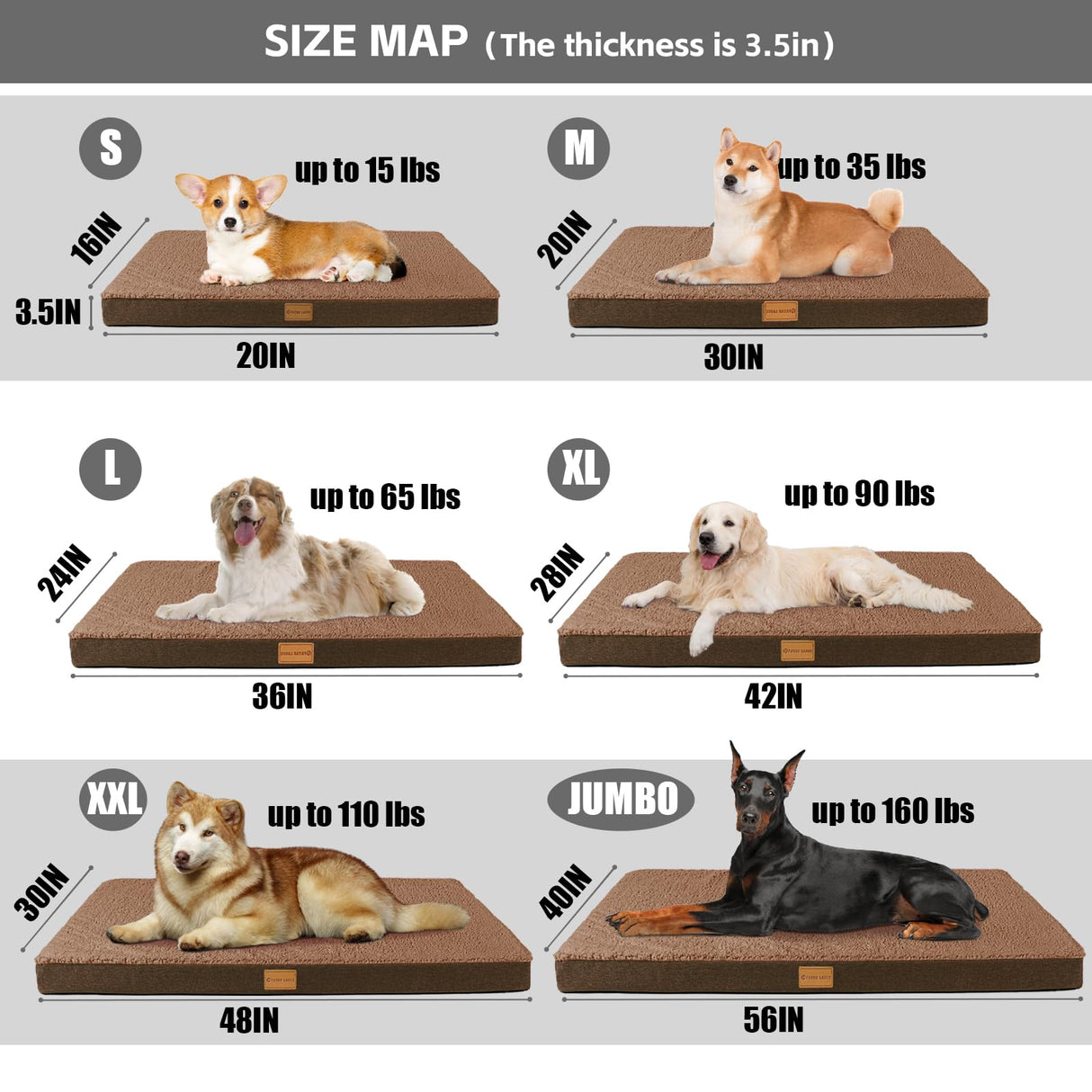 Patas Lague Orthopedic XL Dog Bed Large Sized Dog 42''X28'', Soft Waterproof Egg Crate Foam Large Pet Crate Beds Mat with Removable Washable Cover and Non-Slip Bottom, Brown