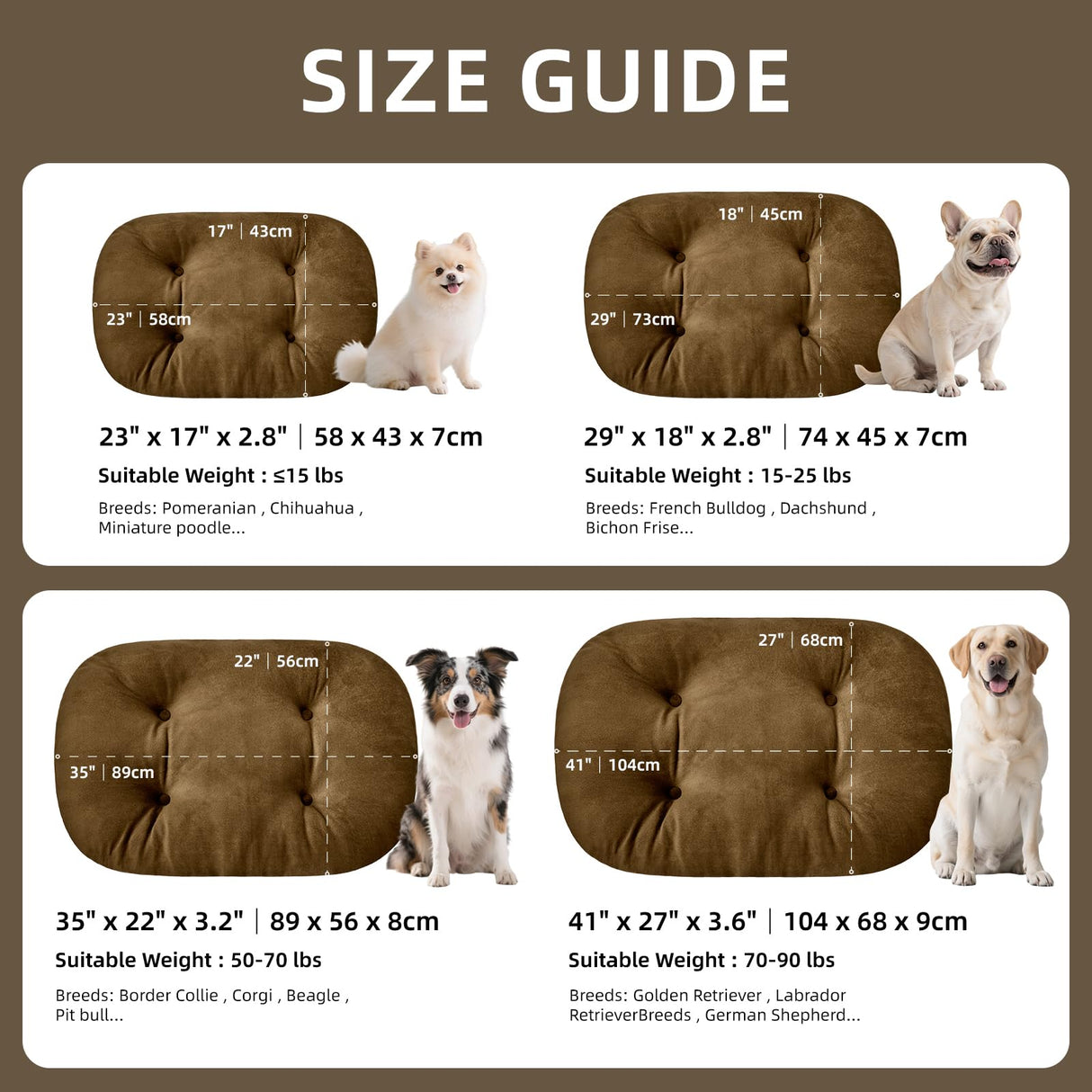 VERABE Washable Dog Bed for Extra-Large Dogs, 41x27 Inch Short Plush Oval Crate Pad with Non-Slip Bottom, Silver-Tipped High-Resilience Pet Mat,Brown