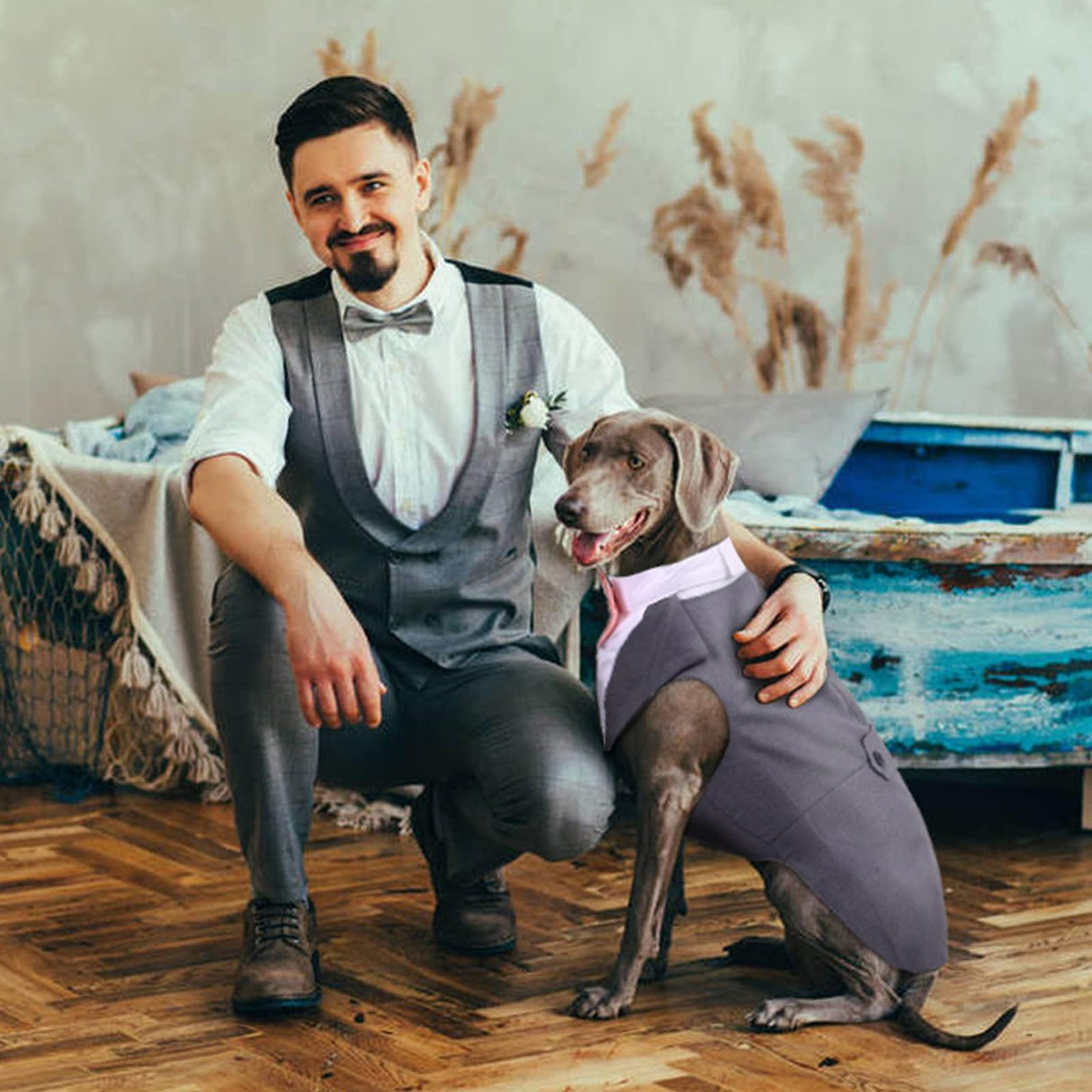 DORA BRIDAL Dog Tuxedo for Medium Dogs, Dog Suit and Bowtie, Formal Dogs Wedding Outfit, Pet Tuxedo and Bandana Set Valentines Birthday Costumes for French Bulldog, Pomeranian, Dachshund, Grey, M