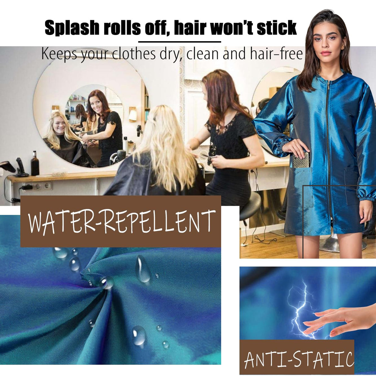 Dog Grooming Smock Water-Repellent Hair-Repellent with Long Sleeves Large Pockets Anti-Static Fabric (Blue, L)