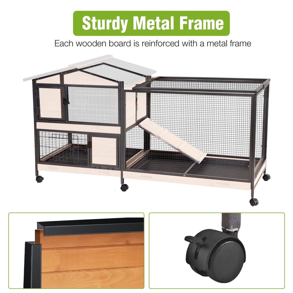GUTINNEEN 2-Story Rabbit Hutch with Chew-Proof Full Metal Frame for Indoor/Outdoor - 62" Bunny Cage with 6 Locking Casters & 2 Pull-Out Trays for Rabbits, Guinea Pigs, Small Pets (Brown)