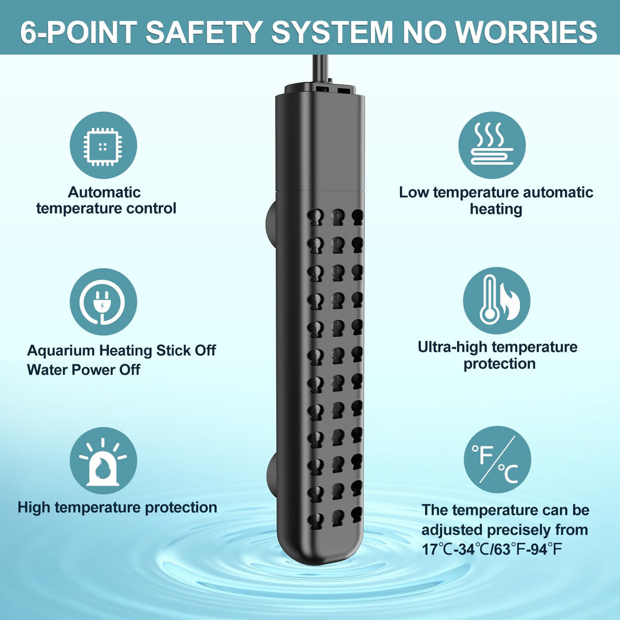 Submersible Aquarium Heater 100W/200W/300W/500W, Fish Tank Heater with high-Temperature Protection and Turtle Tank Heater with Automatic Power-Off When Leaving seawater or Freshwater