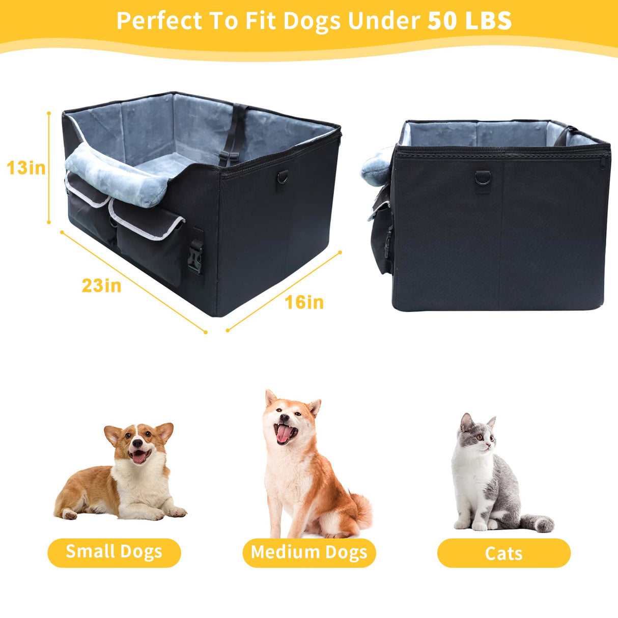 AMFIYQ Foldable Dog Car Seat for Small/Medium Dogs,Potable Puppy Booster Seat with Harness &Safety Belt, Travel Pet Bed can Removable & Washable Suitable for 2 Dogs 25-30 lbs(Black)