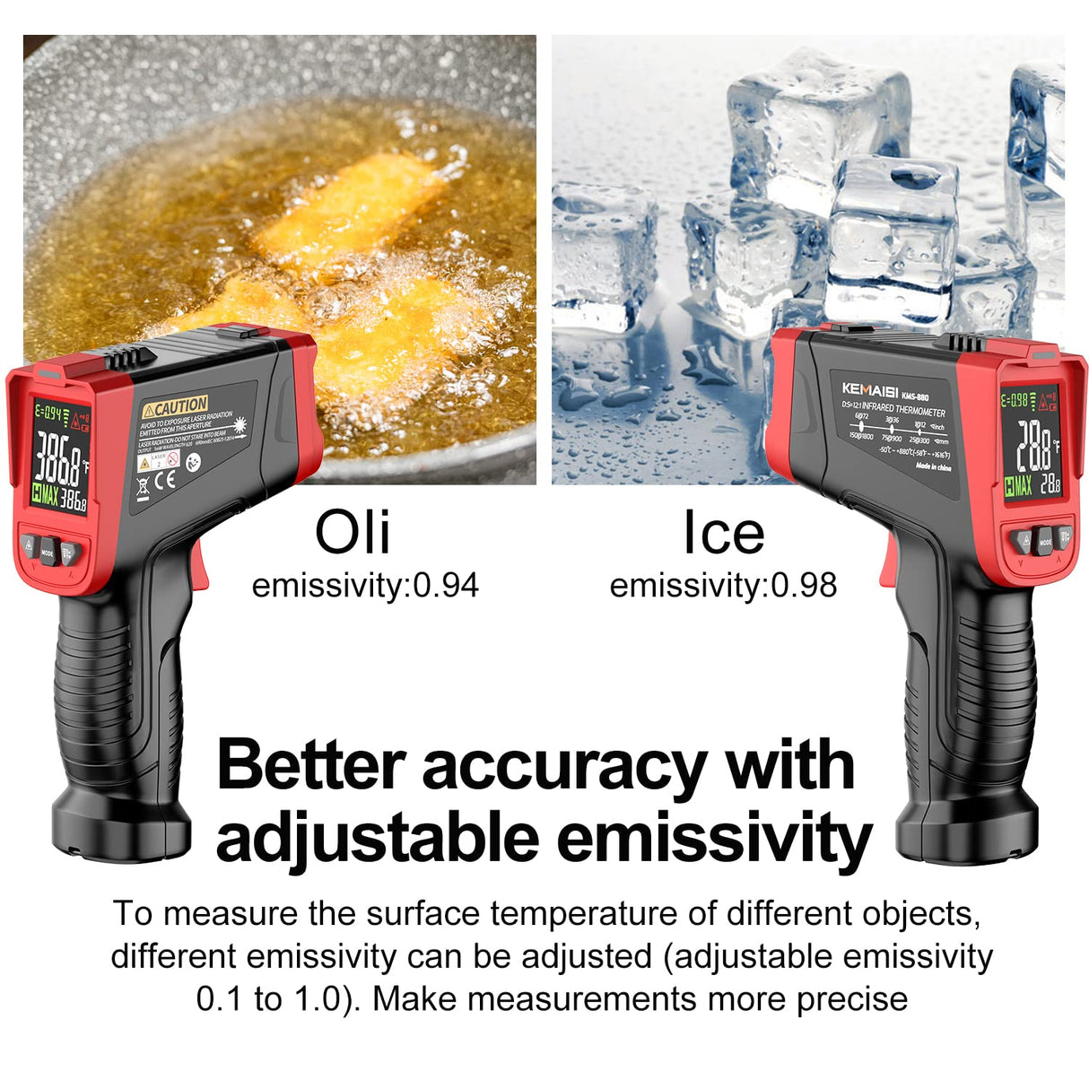 KEMAISI Infrared Thermometer Gun, Non-Contact Digital Laser Temperature Gun -58°F -1616°F (-50℃-880℃), Laser Temp Gauge Surface Measuring Tool for Cooking, Oven, HVAC, Industry (Non-Body use)