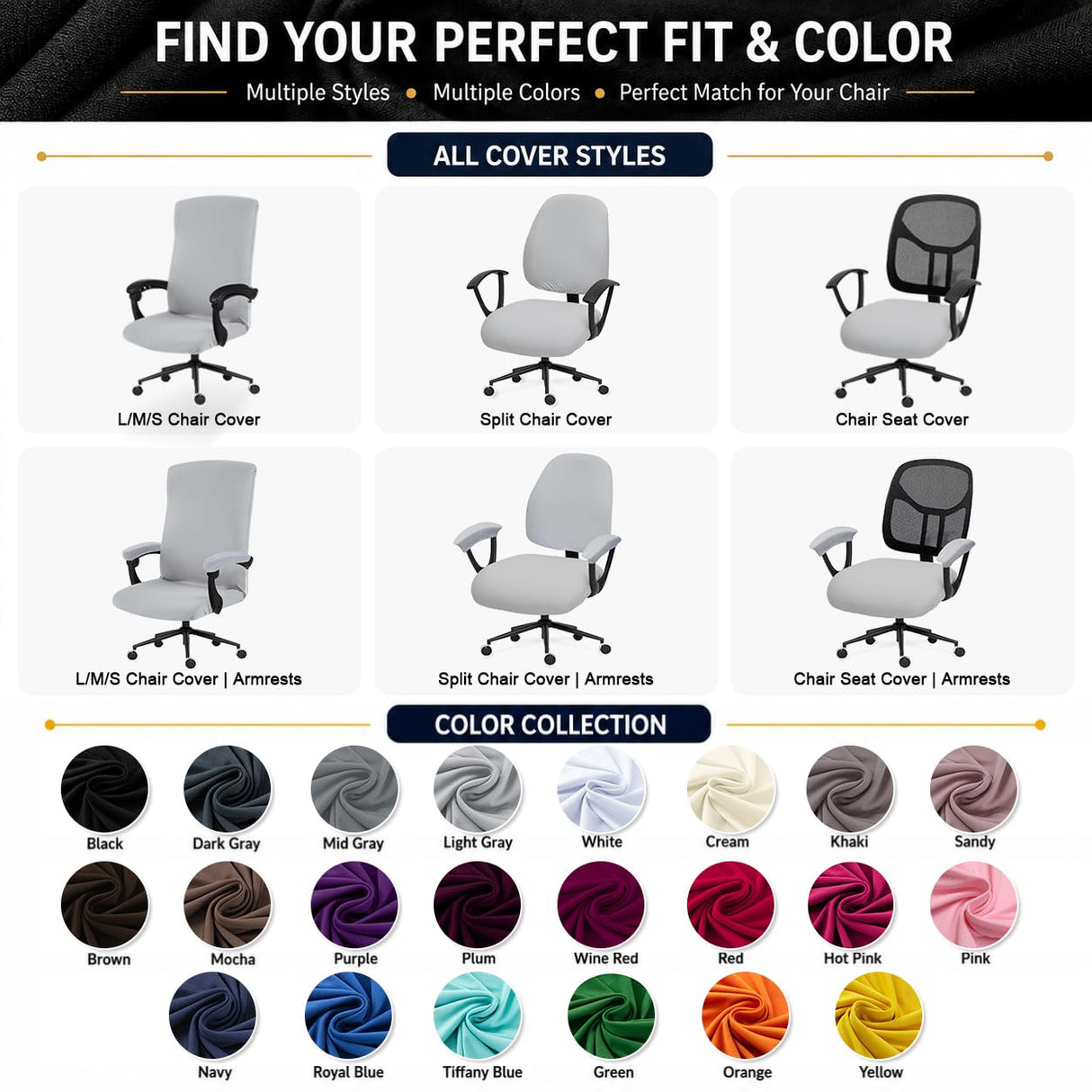 DIVA EN CAMINO DEC Water-Resistant Stretchable Desk Office Chair Seat Cushion Covers - Universal Spandex Computer Chair Slipcover - Removable Washable Cushion Protectors for Dogs, Cats, Black