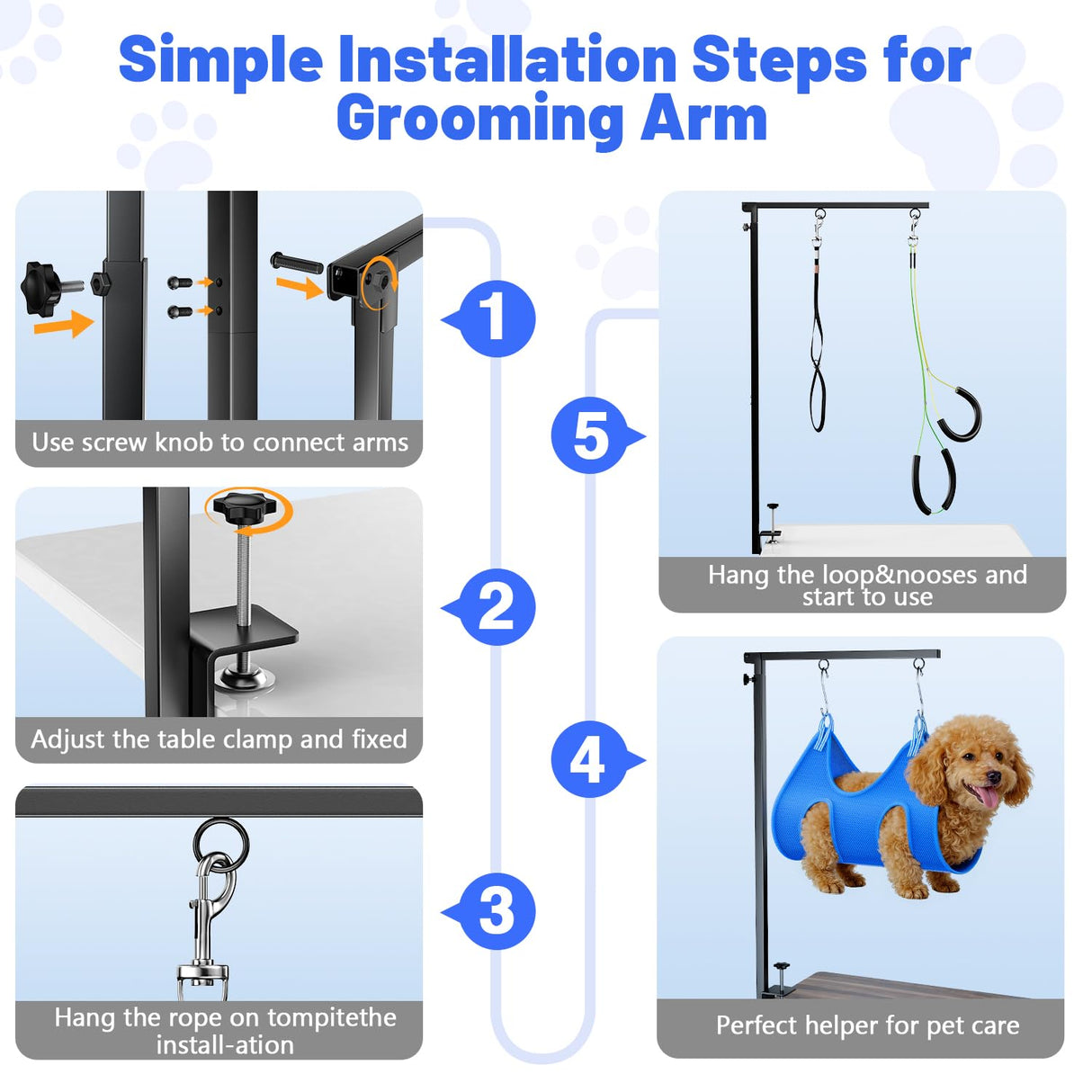AUORC Dog Grooming Arm with Hammock, Adjustable 26"-38" Foldable Grooming Table Arm with Clamp & 2 No-Sit Holders, Heavy Duty for Small & Medium Dogs, Includes Nail Clippers (Table Not Included)