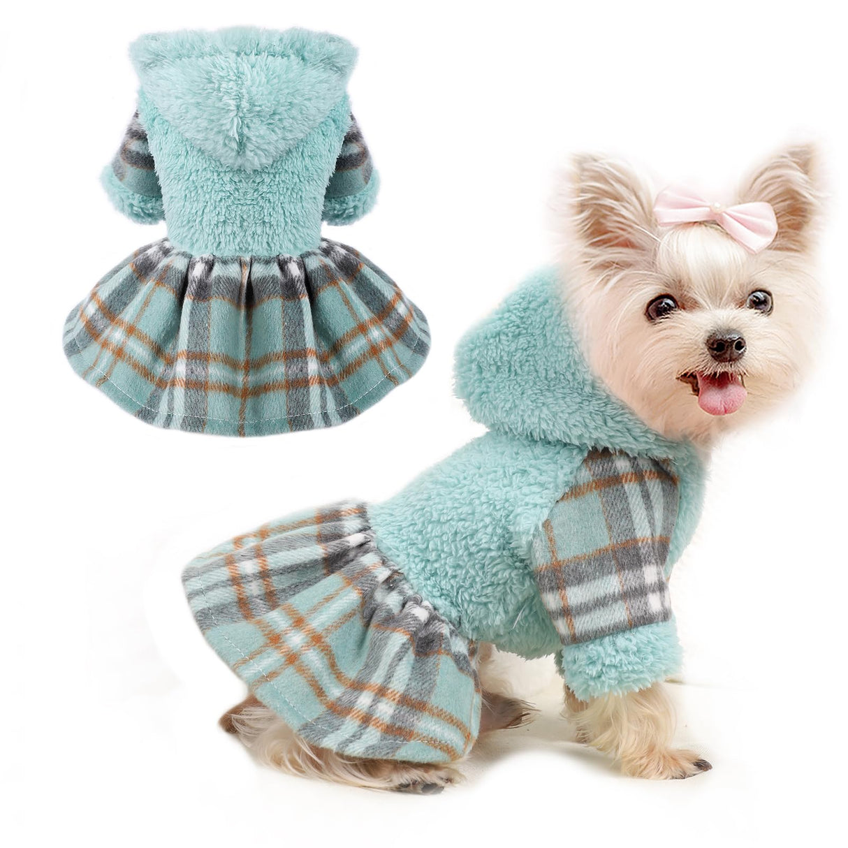 Dog Hoodie Dress Winter Pet Sweaters for Small Dogs Girl Cold Weather Warm Puppy Dresses Plaid Pet Clothes Outfits for Chihuahua Yorkie Teacup Cat Skirt Coat Apparel Clothing (X-Small, Blue)