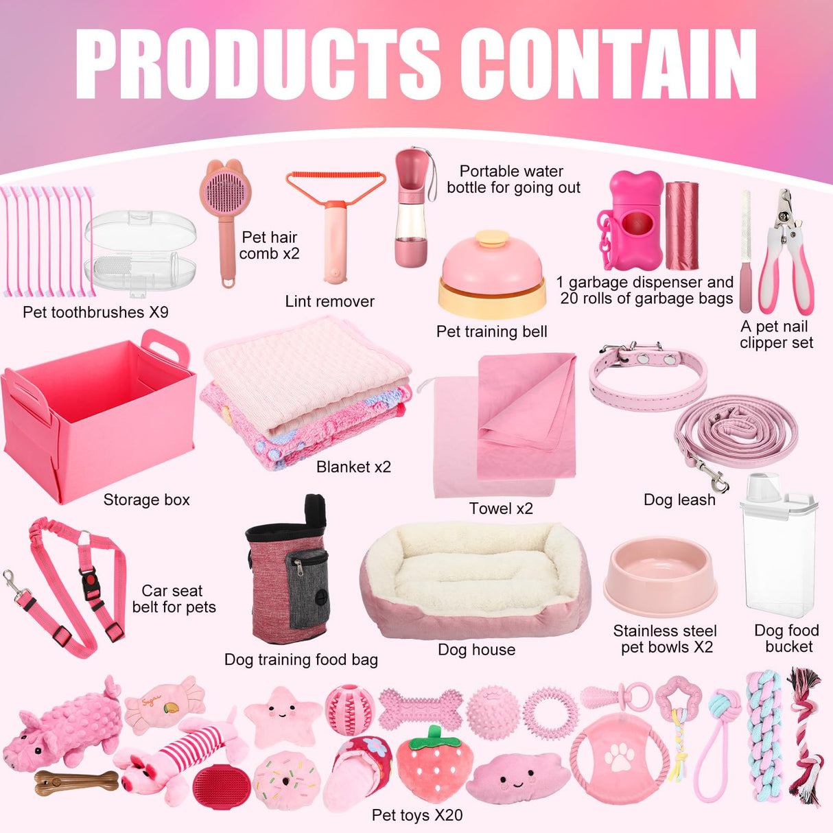 Abbylike 75 Pcs Puppy Supplies Starter Kit for Small Dogs New Puppy Essentials Starter Kit Pink for School Dog Toys Includes Dog Leash, Bowl, Brushes, Water Bottles, Christmas Welcome Home Gift