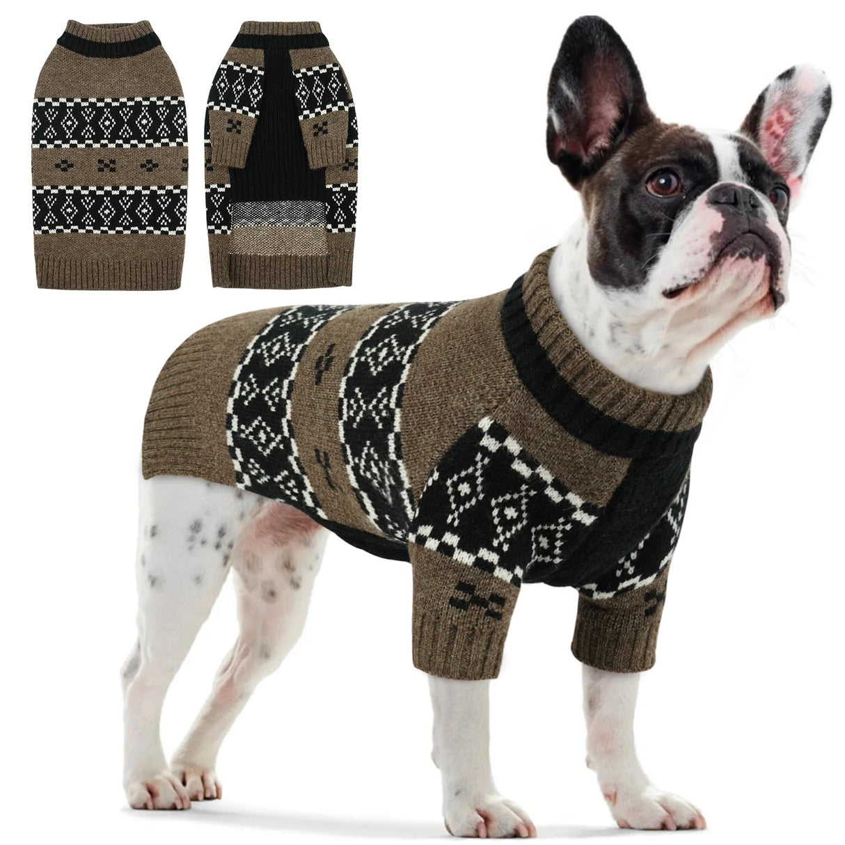 IECOii Male Dog Sweater,Thick Knitted Dog Sweaters for Small Medium Dogs Boy,Mid Neck Knitwear Extra Warm Pullover for Cold Weather,Cozy & Stretchy for Active Dogs, French Bulldog Sweater, Brown, M