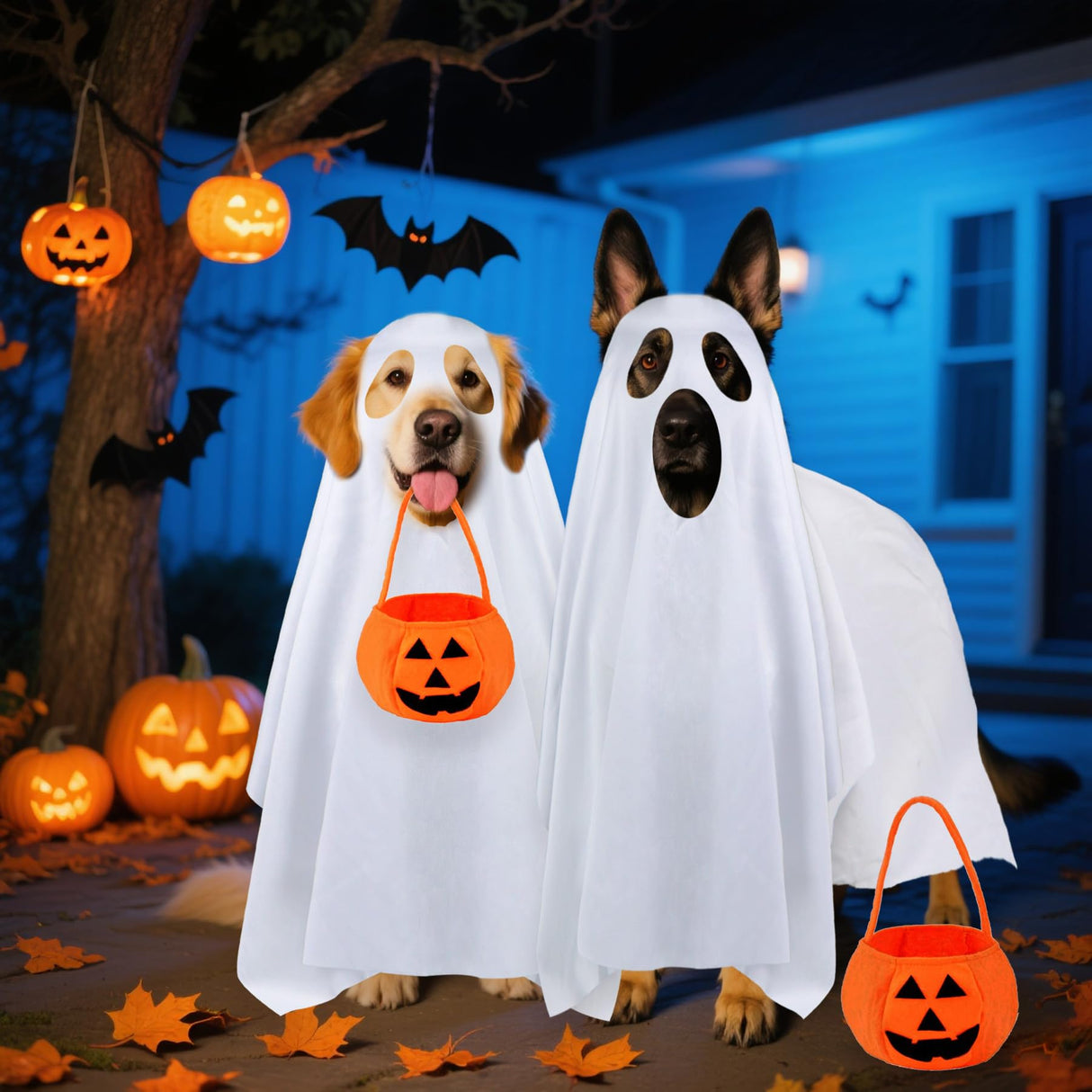 PAYHTOW Dog Halloween Costumes, Dog Ghost Costume Funny Pet Ghost Costume with Pumpkin Candy Bag for Small Medium Large Dogs Pets (Large)