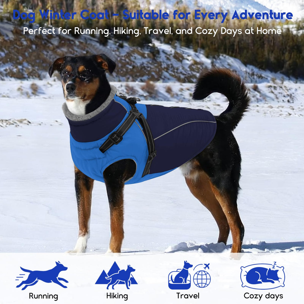 ASENKU Reflective Dog Coat with Built-in Harness, Windproof Fleece-Lined Dog Jacket for Small, Medium, Large Dogs, Warm Winter Vest with Turtleneck & Zipper (Navyblue M)