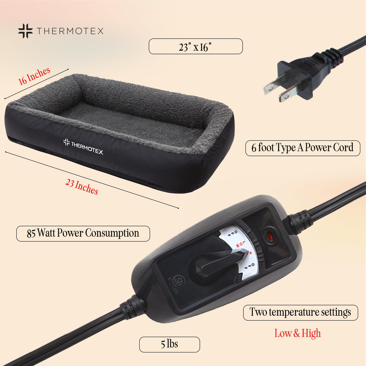 Thermotex Far Infrared Heated Pet Bed - Heated Cat & Dog Bed for Pain Relief & Arthritis - Therapeutic Heat Pad for Elderly Pet Support & Relaxation - Machine Washable
