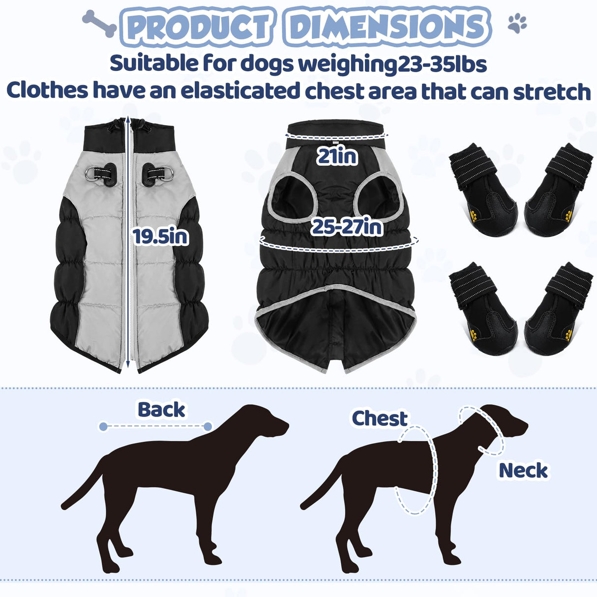 Thinkday Dog Coat and Boots Set for Weighing 23-35lbs, Waterproof Winter Jacket Paw Protectors with Harness Leash Hole, Reflective Vest, Snowsuit Coats, Rugged Anti Slip Dog Shoes Cold(Black, L)
