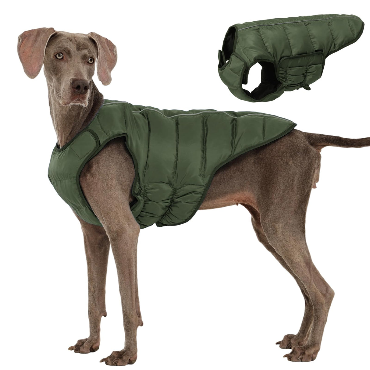 Kuoser Dog Puffer Jacket Warm Dog Coat for Extra Large Dogs, Windproof Reflective Pet Padded Vest Cold Weather Clothes Puppy Snowsuit with Hook & Loop Coats, Easy On/Off, Green 2XL