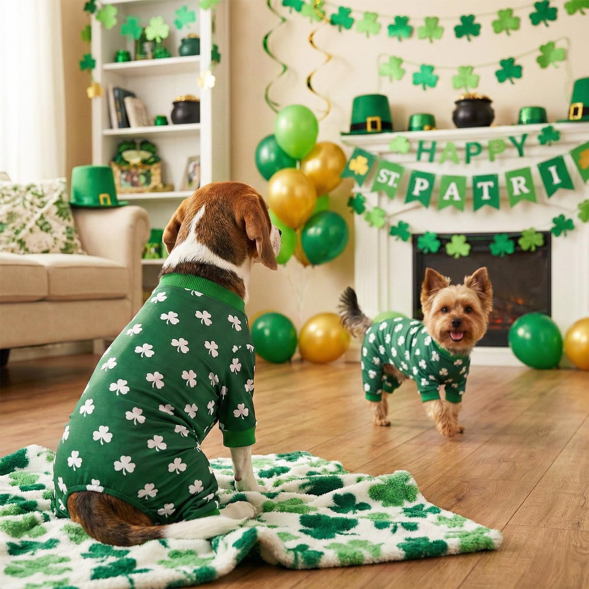 CooShou Saint Patrick’s Day Dog Pajamas Clover Pattern Dog Onesie Jumpsuit Soft Irish Festival Themed Pet PJs Outfit Costume Clothes for Small Medium-Large Breeds(Clover)