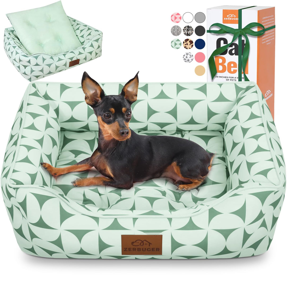 Zerbuger Rectangle Cat Dog Bed for Large Medium Small Pets Indoor Outdoor Machine Washable Sleeping Sofa Non-Slip Bottom Soft Puppy Bed Durable Orthopedic Calming Pet Cuddler (Medium, Green Pattern)