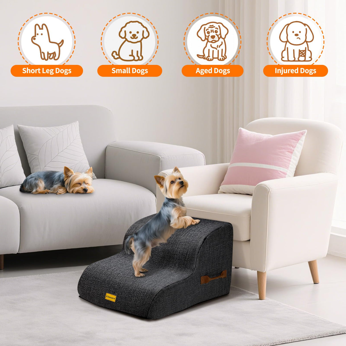Gimars Extra Wide Sturdy 30D High Density Foam 2-Step Dog Stairs for Sofa, Pet Stair for Small Medium Dog Black