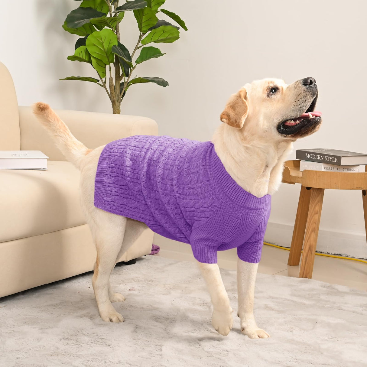KCFESTIHUE Dog Sweater for Big Dogs Boys Girls Turtleneck Pullover Cable Knit Winter Stretch Clothes Labrador Bulldog Pitbull Doberman with Long Sleeves (XL, Purple)