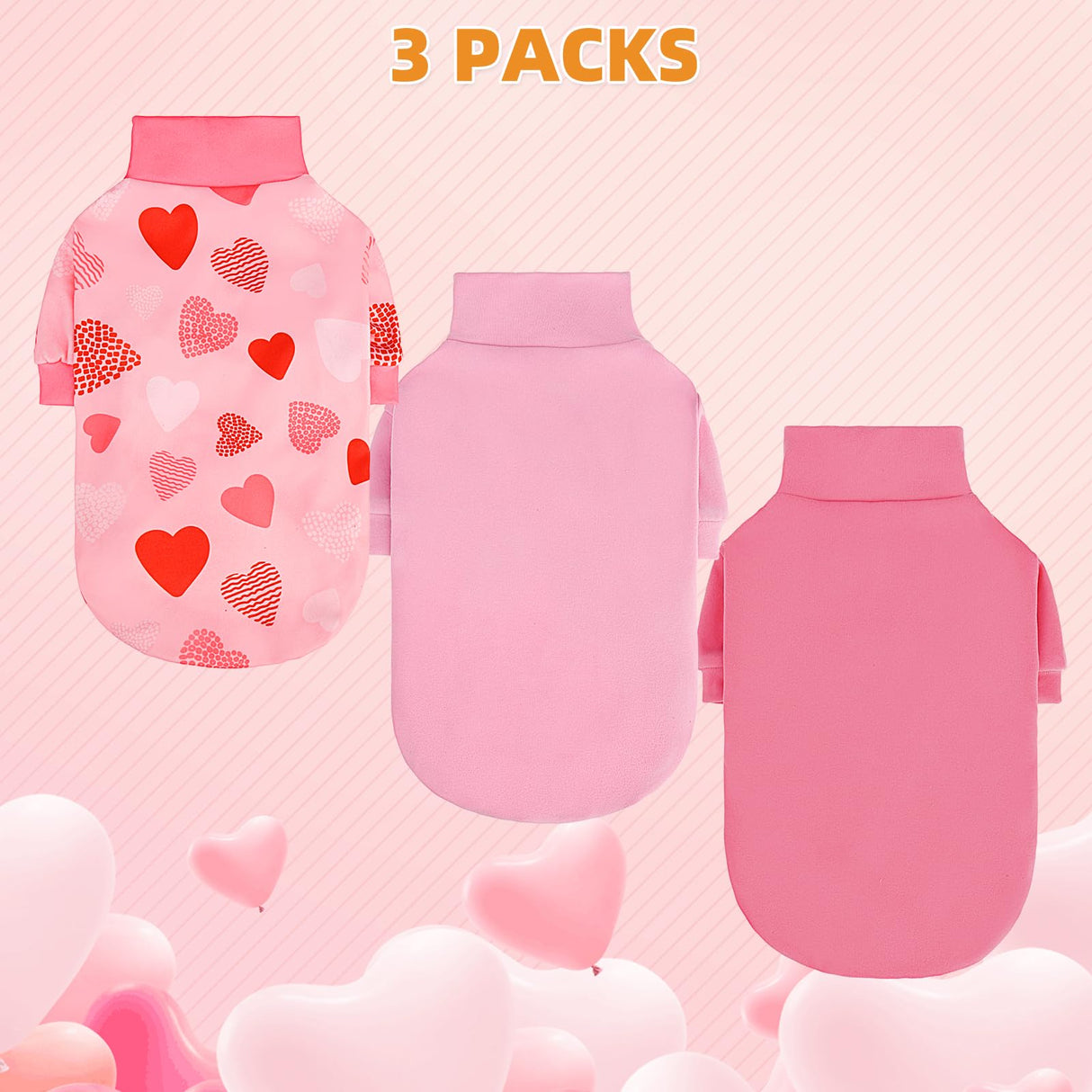 KOOLTAIL Valentine's Day Dog Sweater for Small Dogs, 3 Pack Fleece Puppy Shirt Turtleneck Pullover Clothes with Love Heart Partten, Fuzzy Soft Warm Pet Winter Cold Weather Coat, Girl Boy, Pink S