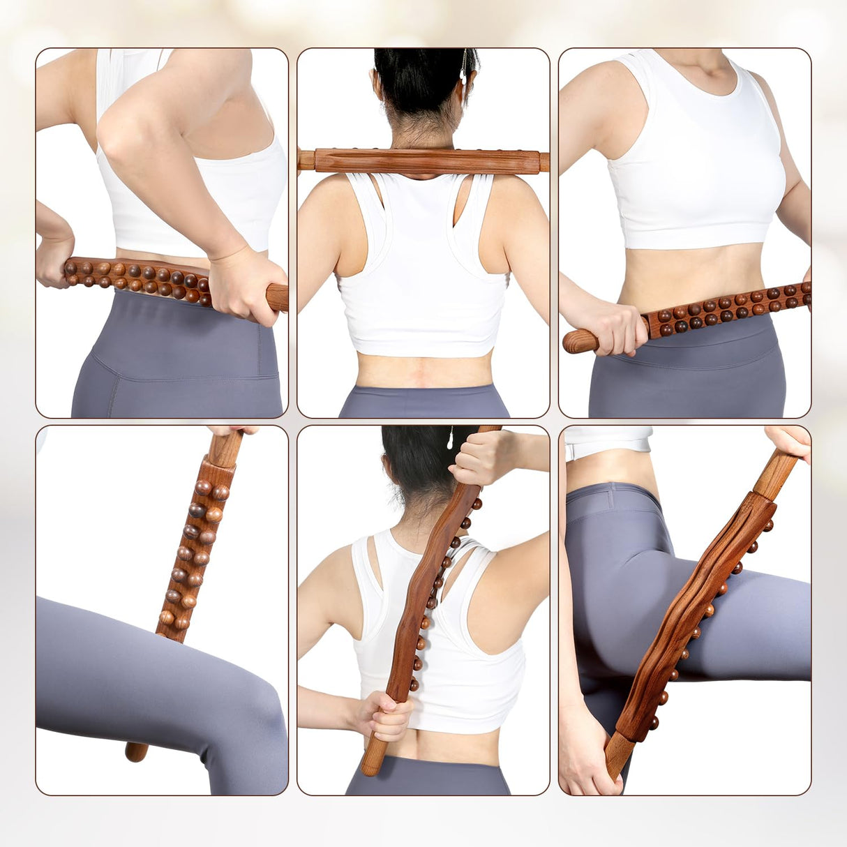 Wood Therapy Guasha Wood Stick Massage Tools,Lymphatic Drainage Massage Stick,Stomach Cellulite Massager,Myofascial Release Tool,Ease Pain Self Body Sculpting,Mountable Handle Double Row 20 Beads