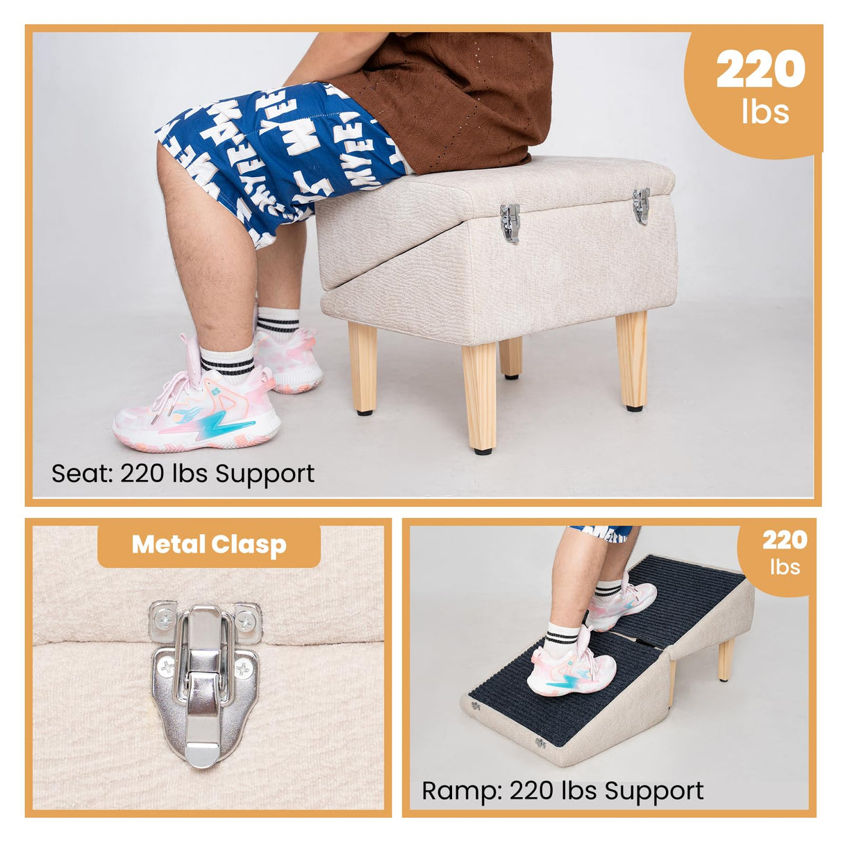 3-in-1 Dog Ramp with Storage – Pet Stairs for Dogs & Cats, Easy on Joints for Senior & Injured Pets, Hidden Storage Footstool, Anti-Slip, Supports 220 lbs, 18" High for Beds & Sofas