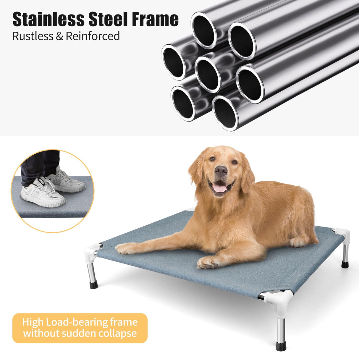 Elevated Cooling Dog Bed, Raised Outdoor Dog Bed for Medium Dogs, Portable Pet Cots with No-Slip Rubber Feet, Double Layer Polyester Cotton