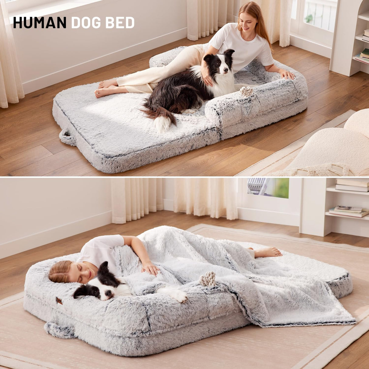 ZOMISIA Human Dog Bed for Adult, 2 in 1 Foldable Giant Dog Bed for People Fits Pet Families, Egg Foam Supportive Mat, Waterproof Liner, Faux Fur Human Size Pet Bed with Blanket, 71"x43"x10", Grey