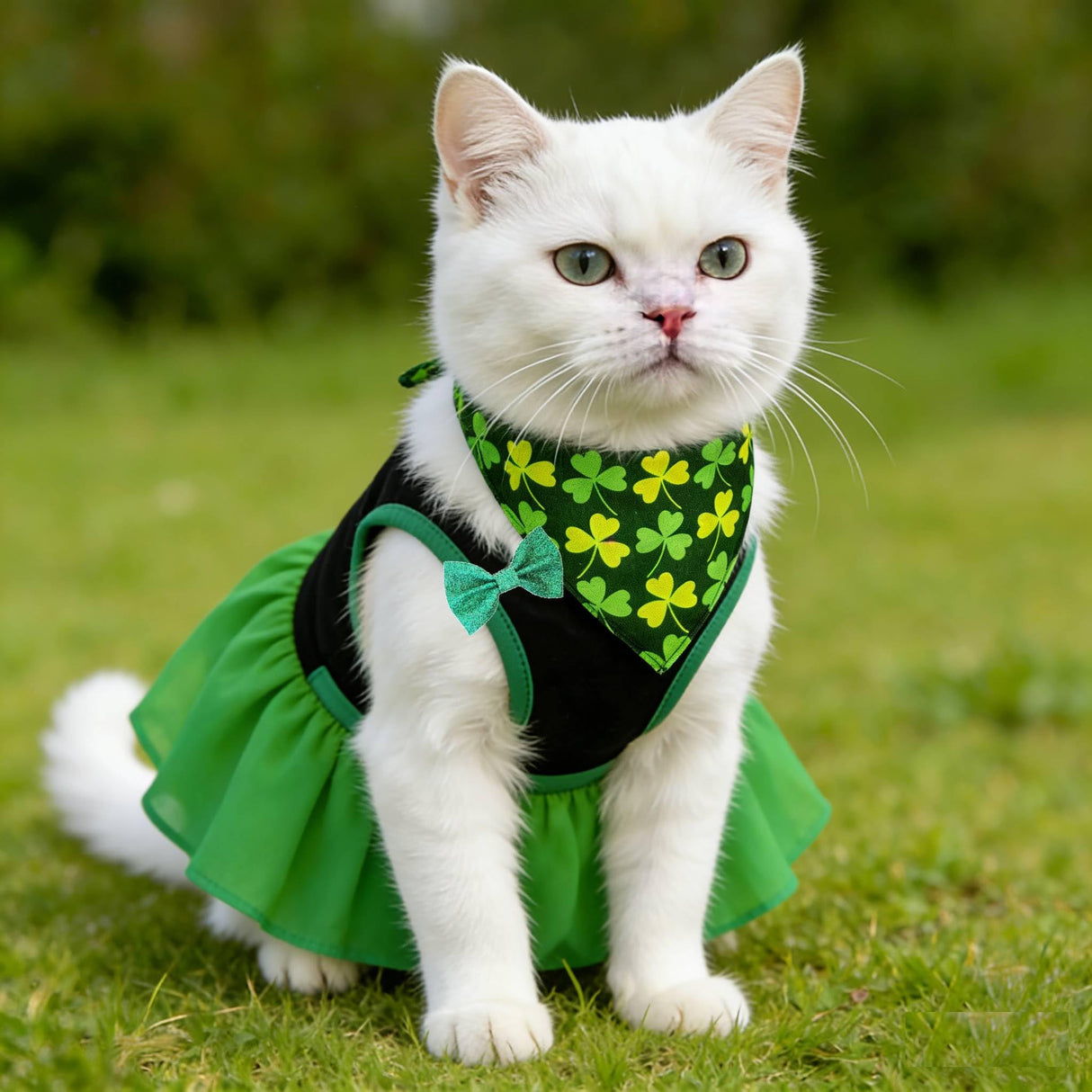 Small Dog St. Patricks Day Outfit Green Dress, Bandana & Bow Clip 3 Piece Irish Pet Cat Costume Accessories M