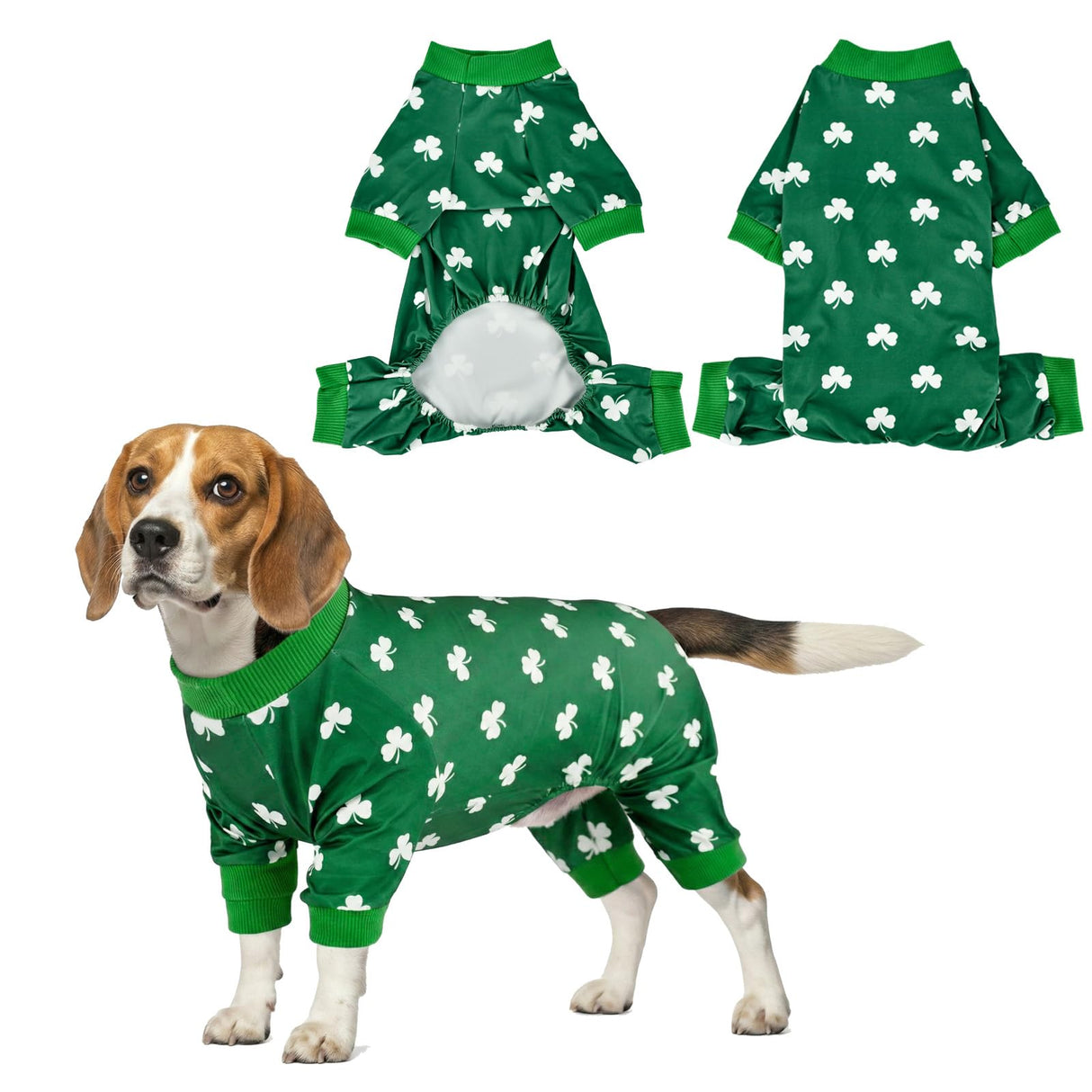CooShou Saint Patrick’s Day Dog Pajamas Clover Pattern Dog Onesie Jumpsuit Soft Irish Festival Themed Pet PJs Outfit Costume Clothes for Small Medium-Large Breeds(Clover)