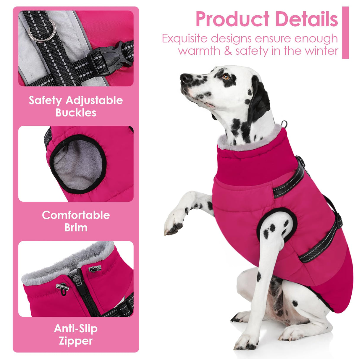 AOFITEE Dog Coats for Large Dogs, Waterproof Dog Winter Jacket with Harness Built in, Warm Large Dogs Coat with Fleece Lined, Zip Up Pets Jackets for Golden Retriever, Weimaraner, Hot Pink 2XL