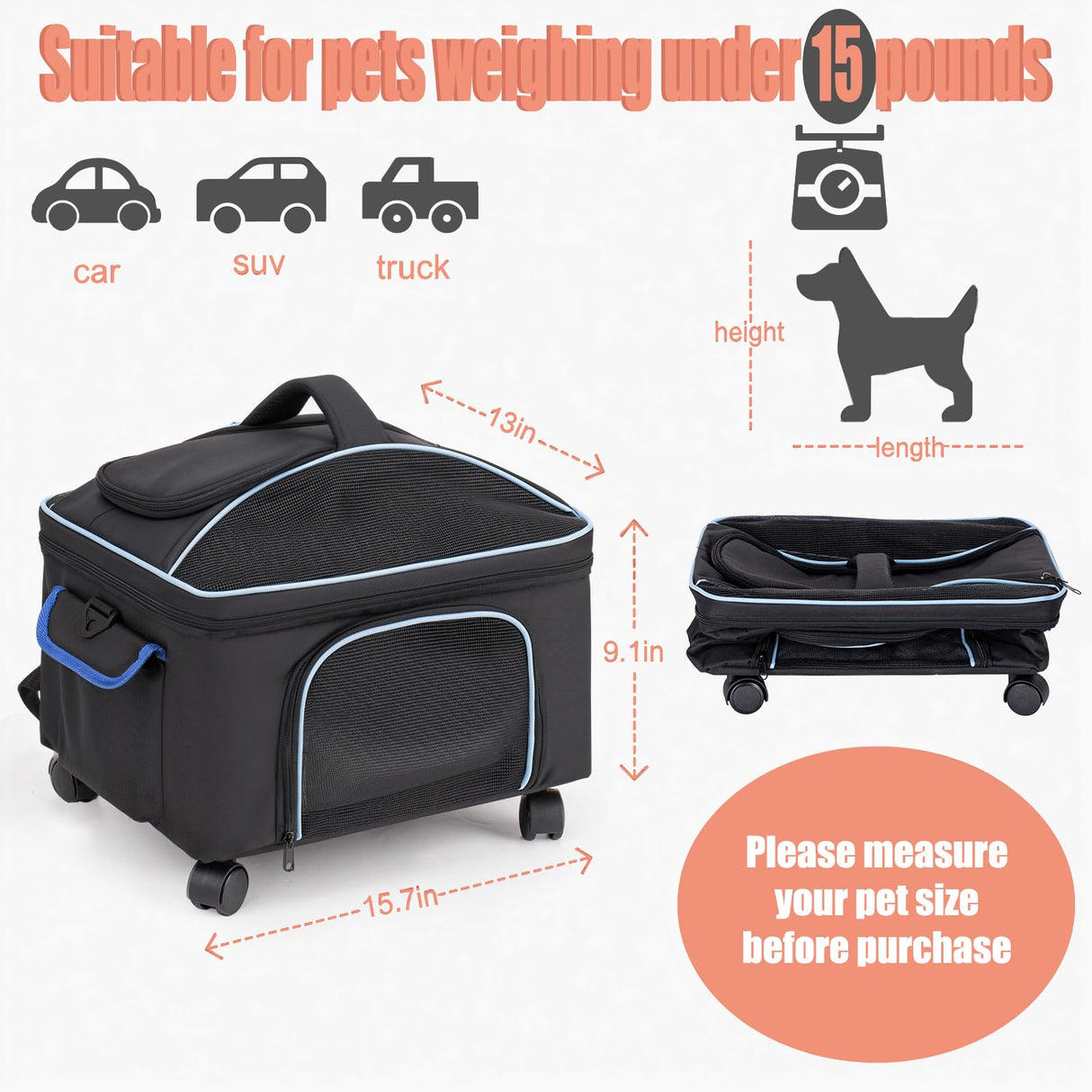 4-in-1 Cat Car Seat and Cat Carrier with Removable Wheels Booster Car Seats for Small Dogs Cats Comes with Shoulder Strap Clip-On Safety Leash and Thickened Pads, Pet Travel Carrier Bed up to 15lbs
